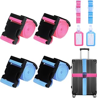 UIITUR Suitcase Straps 4 Pack,Adjustable Luggage Straps for Suitcases,Heavy Duty Luggage Strap with Buckles Easily Recognisable Luggage Belt with 2 Luggage Labels 2 Backpack Clip（Pink/Blue）