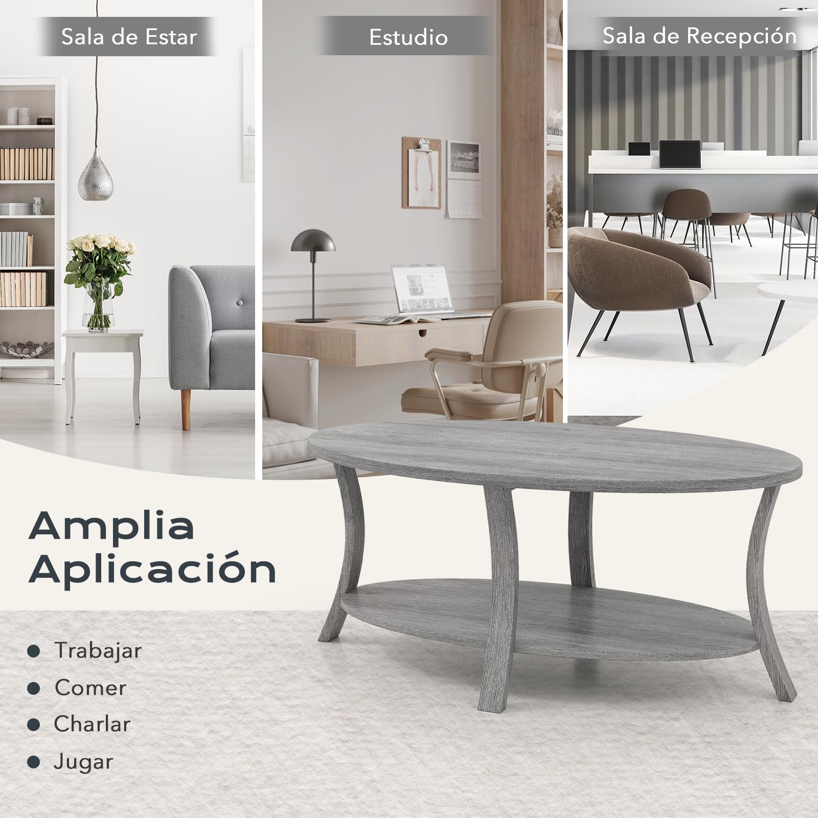 GOPLUS Mesa de Café Ovalada, Mesa Decorativa de Madera de Caucho con Estante de Almacenamiento Abierto, Mesa de Centro de 2 Niveles con Patas de Soporte Robustas para Sala de Estar Estudio (Gris)