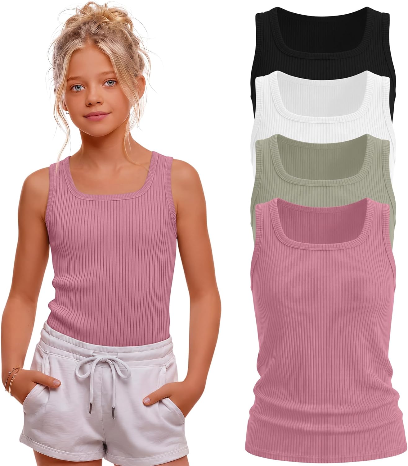 Oakgarden 4 Pack Girls Tank Tops Ribbed Knit Sleeveless Shirts 5-14 Years Square Neck Basic Stretch Undershirt Casual Tops
