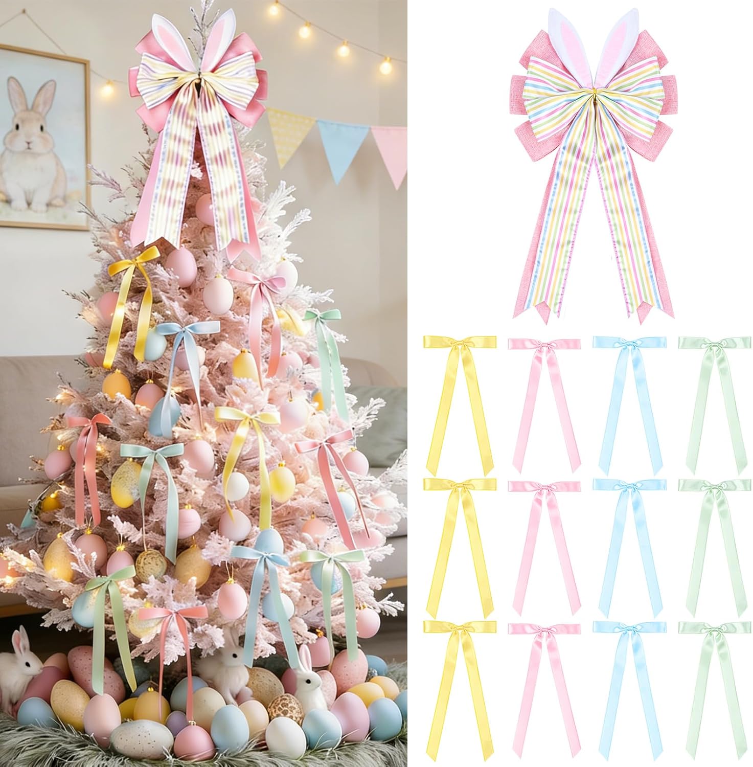 CEELGON Large Red Velvet Christmas Tree Topper Bow & 24 Pcs Long Velvet Ribbon Bows Xmas Decorations Ornaments Garland for Holiday Home Decor (Red)