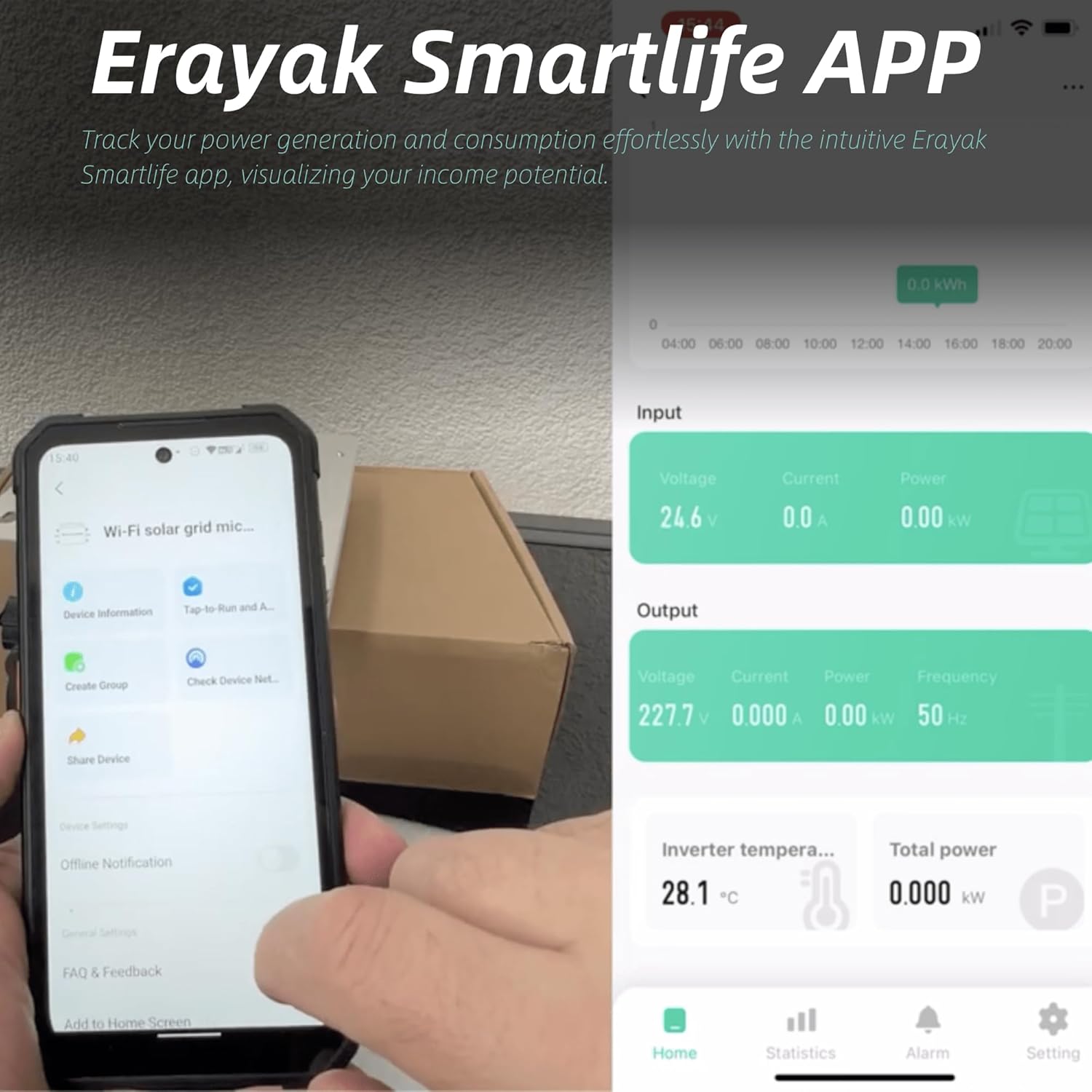 Screenshot of the Erayak Smartlife App showing input and output power data, and inverter temperature