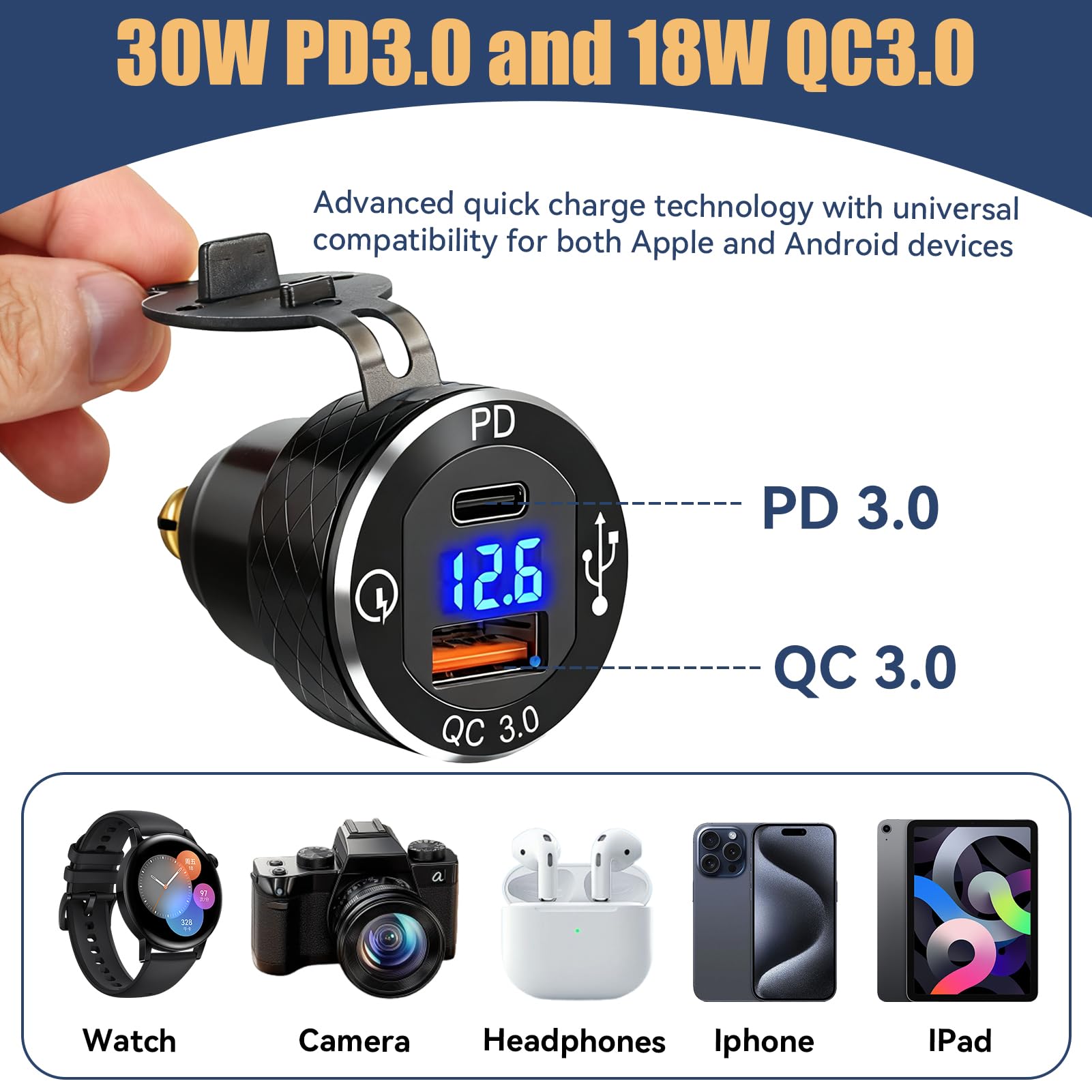 Toma USB C DIN para moto cargador, 30 W PD3.0 y 18 W QC3.0 Dual USB Din Hella Socket Plug Impermeable Aluminio Adaptador para encendedor de cigarrillos con LED Voltmeter, para 12 V/24 V Ducati Triumph