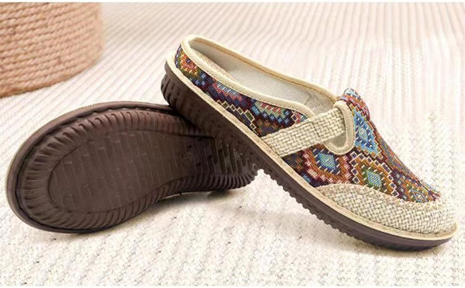 Women's Summer Sweet Linen Shoes, Breathable Chinese Traditional Flat Heel Casual Footwear, Retro Slip On Fashion Soft Slippers,9,Red