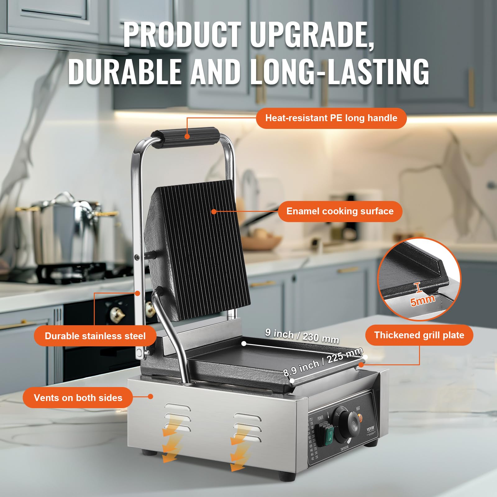 VEVOR Parrilla Comercial Eléctrica para Panini para Hacer Sándwiches y Panini, Acero Inoxidable, con Control de Temperatura y Placa Plana Esmaltada, para Hamburguesas y Tocino, 310 x 410 x 215 mm