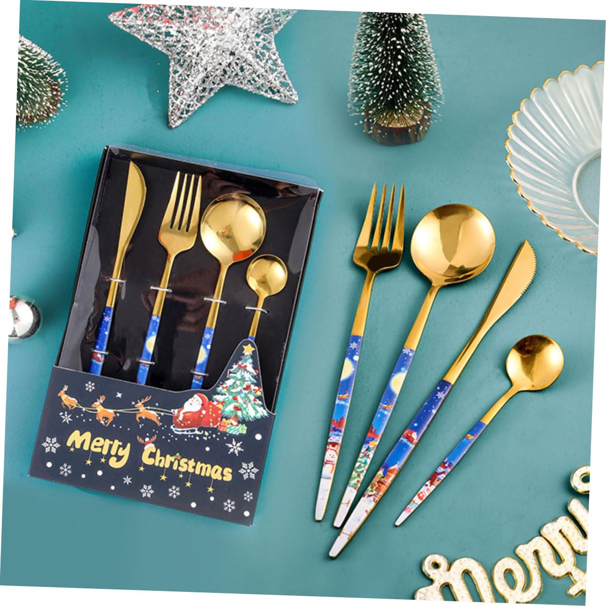 PRETYZOOM 4 Juegos Juego de Cubiertos de Navidad vajilla de Comida para Banquetes Cubiertos de Viaje Cubiertos navideños Tenedores cucharas vajilla de Navidad cuchillería