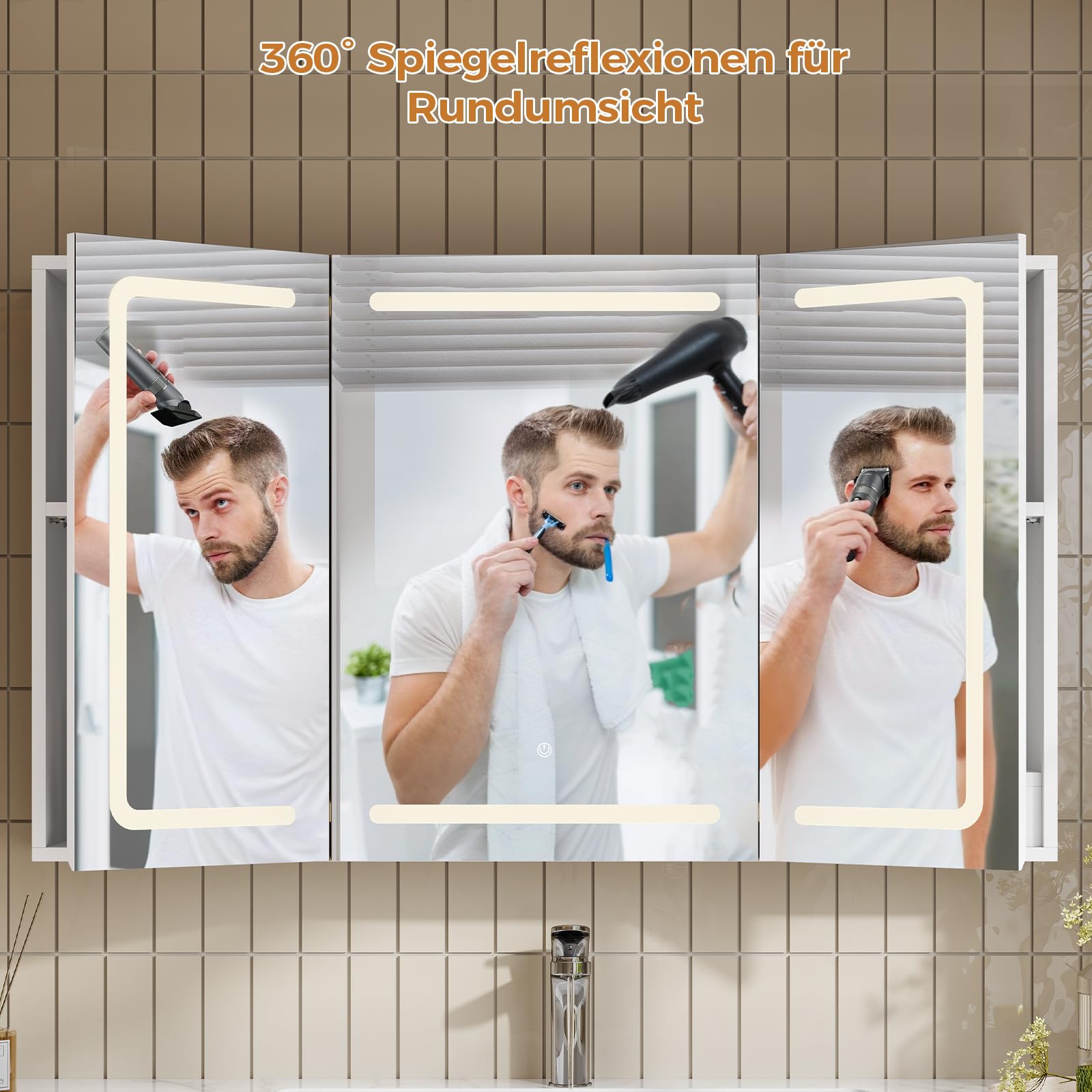 Spiegelschrank Bad 100 cm breit mit LED-Beleuchtung, Steckdose & 3 Farbtemperaturen | Dimmbarer Badezimmerschrank mit Touch-Sensor 60×100×16 cm (H×B×T) | Spiegel +3 verstellbaren Regalen