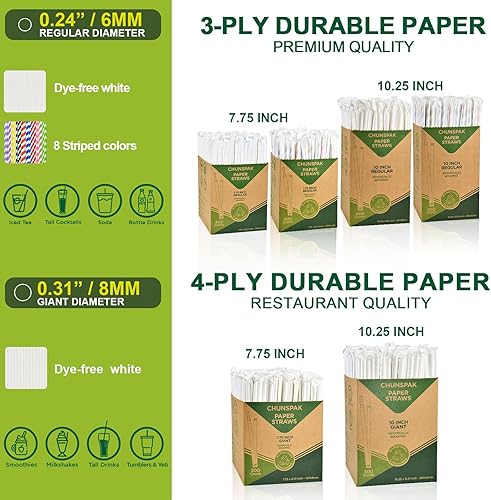 Miniatura 9 de Chunspak Pajitas de papel desechables gigantes de 10.25 pulgadas de largo envueltas individualmente (blanco, 300 unidades)  Papel resistente de 4