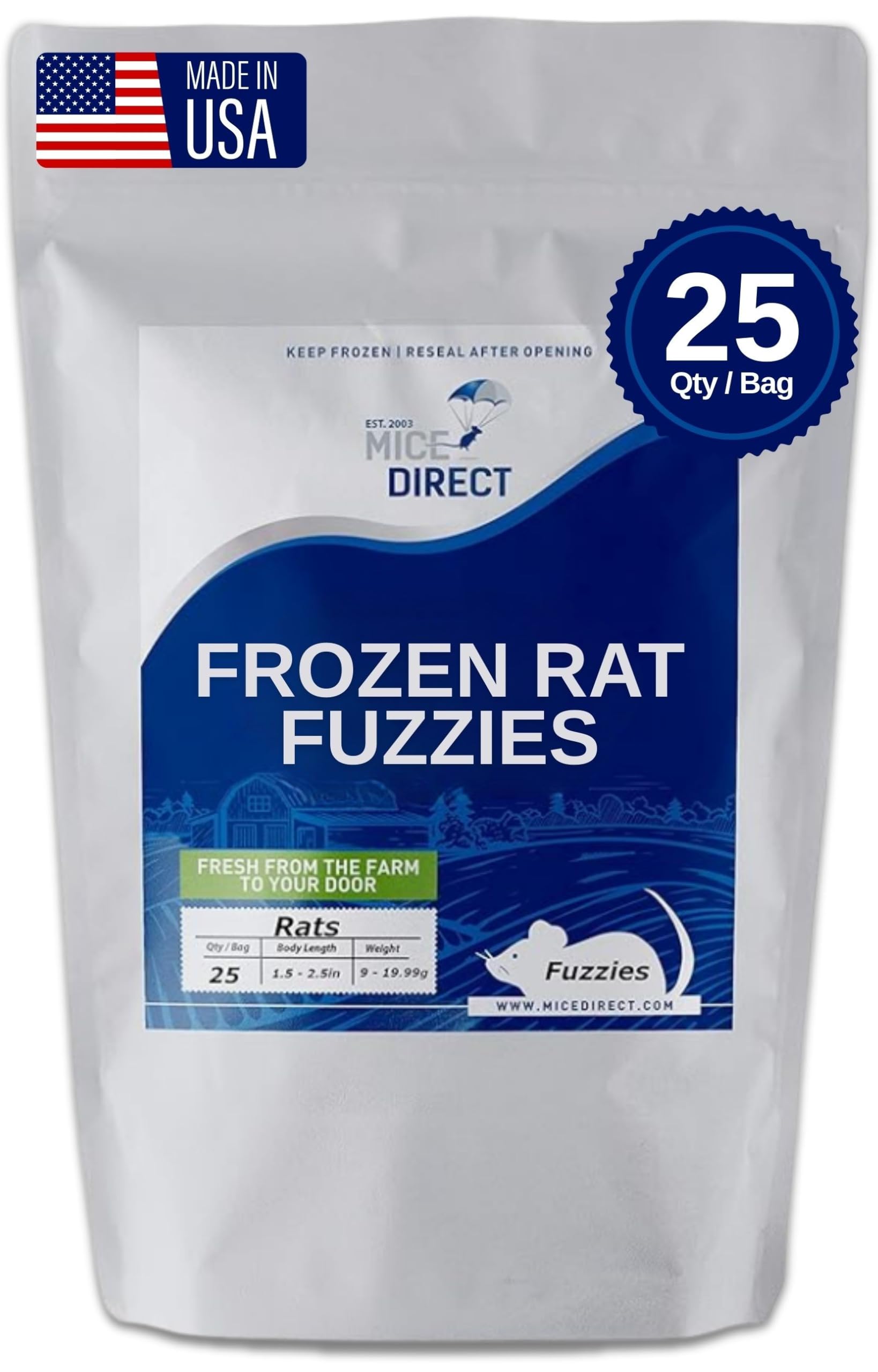 MiceDirect 25 Frozen Rat Fuzzies Feeders Snake Food for Adult Corn Snakes Ball Pythons (2-2.5 in)(225 Grams Min)(25 Count)