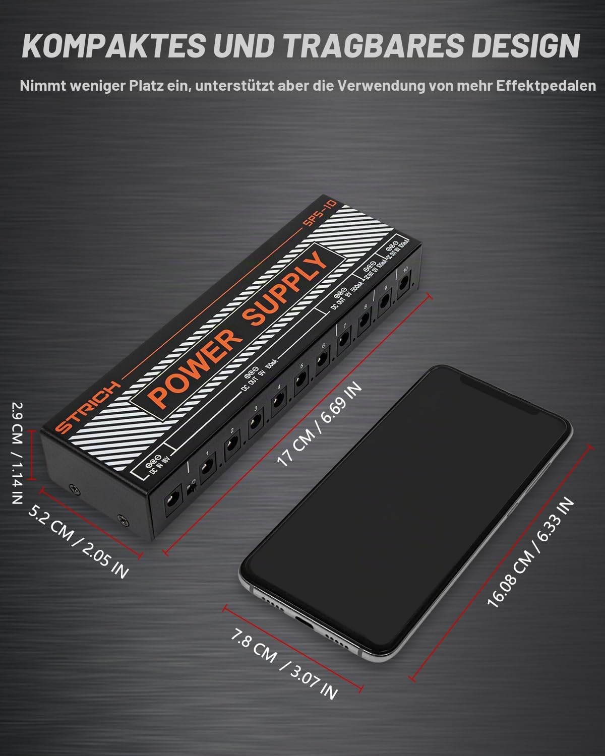 STRICH SPS-10 Gitarrenpedal-Netzteil, 10 Isolierte DC Ausgänge für 9V/12V/18V Gitarre Bass Effektpedale, 100mA 500mA Pedalboard-Netzteil mit Kurzschlussschutz
