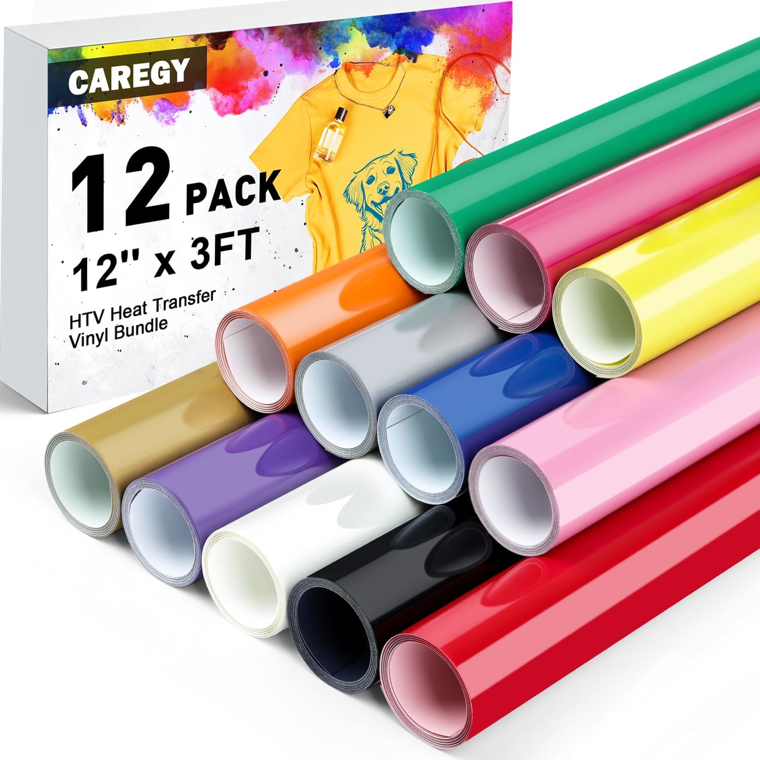 CAREGY HTV Vinyl Bundle Heat Transfer Vinyl(12 Pack) - 12 Inch by 3 Feet HTV Vinyl Rolls, Easy to Cut Iron on Vinyl for Cricut & Cameo, Easy to Weed Heat Transfer Vinyl 12 Color 3FT