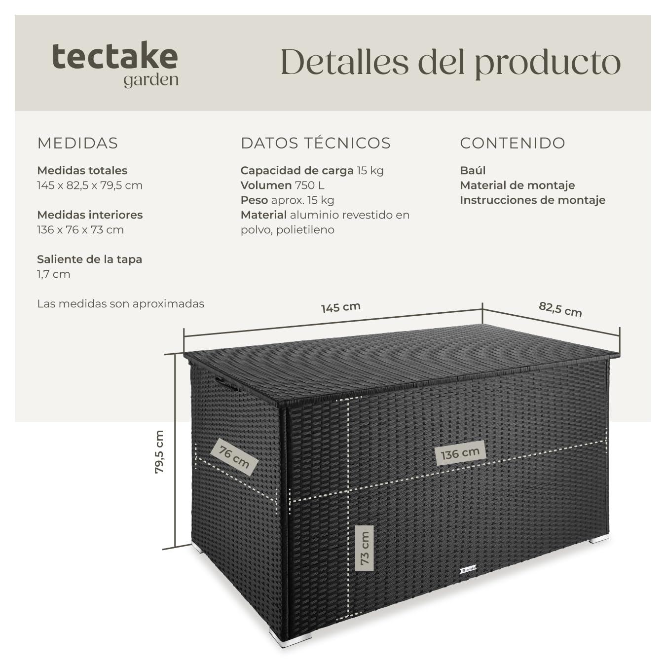 tectake Baúl de Almacenaje Exterior con 750 l de Capacidad, Arcón Exterior Atemporal de Poli ratán Resistente con Forro Interior Extraíble, Cofre para Jardín Exterior o Terraza - Negro — view 6