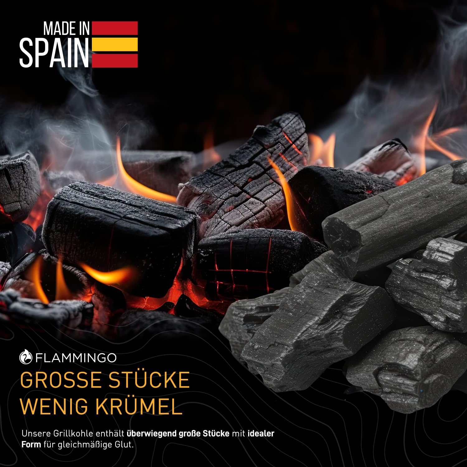 Flammingo® Grillkohle aus Hartholz – 100% Naturkohle mit Langer Brenndauer & intensivem Grillaroma – extra große Körnung – Holzkohle für Grill, Smoker & BBQ – 20kg