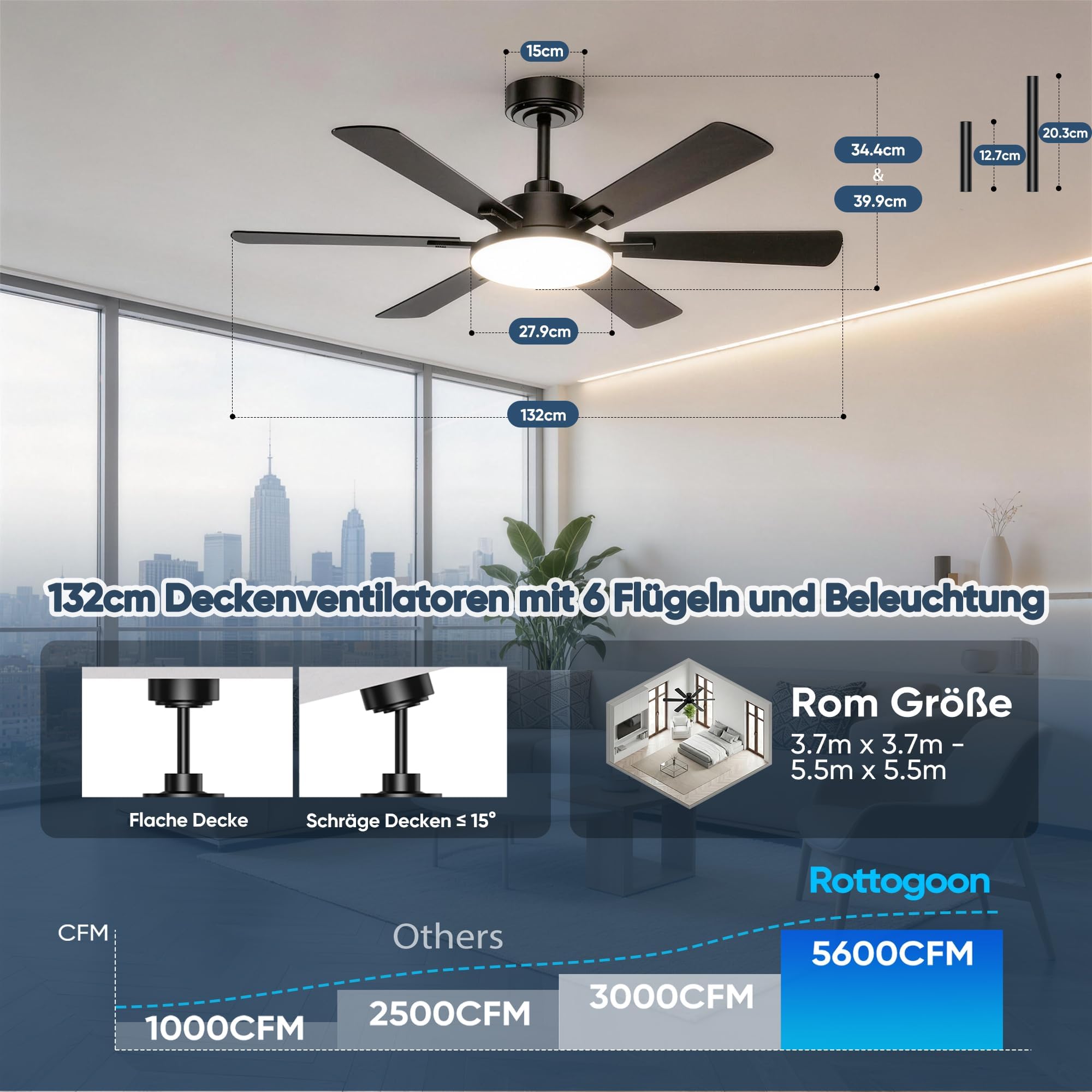 Ventilador de techo con luces de 132 cm, 6 aspas, ventilador de techo con mando a distancia, motor CC, silencioso, reversible, 6 velocidades, 3CCT, regulable, led, doble ala