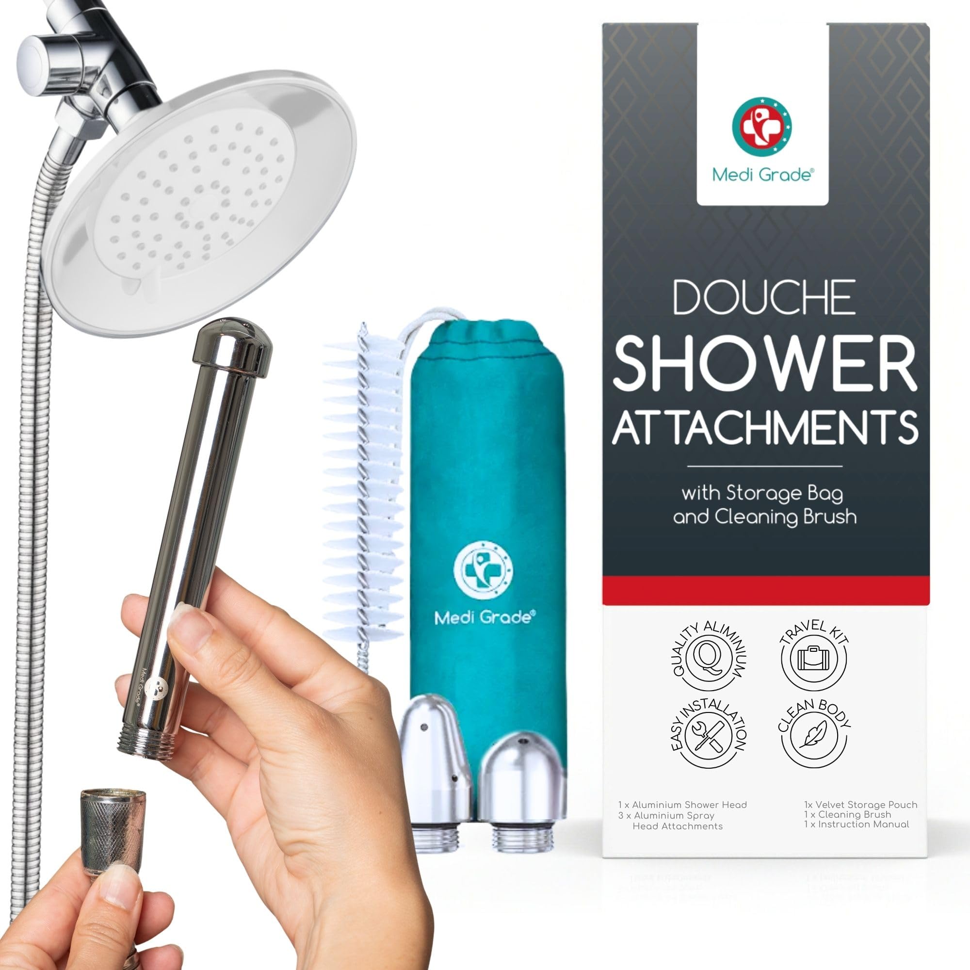 Medi Grade Shower Enema Kit – Shower Douche Nozzle for Men & Women – Intimate Cleansing System with Easy Installation, Velvet Storage Bag, Cleaning Brush & Cloth – Hygienic Douche for Men