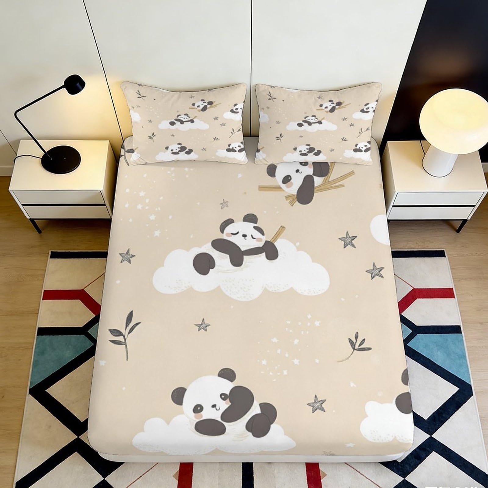 3D Printed Cartoon Panda Fitted Sheet Microfiber Soft Beige Cloud Bed Cover for Bedroom Guest Room Dorm Decor 90x200x25cm
