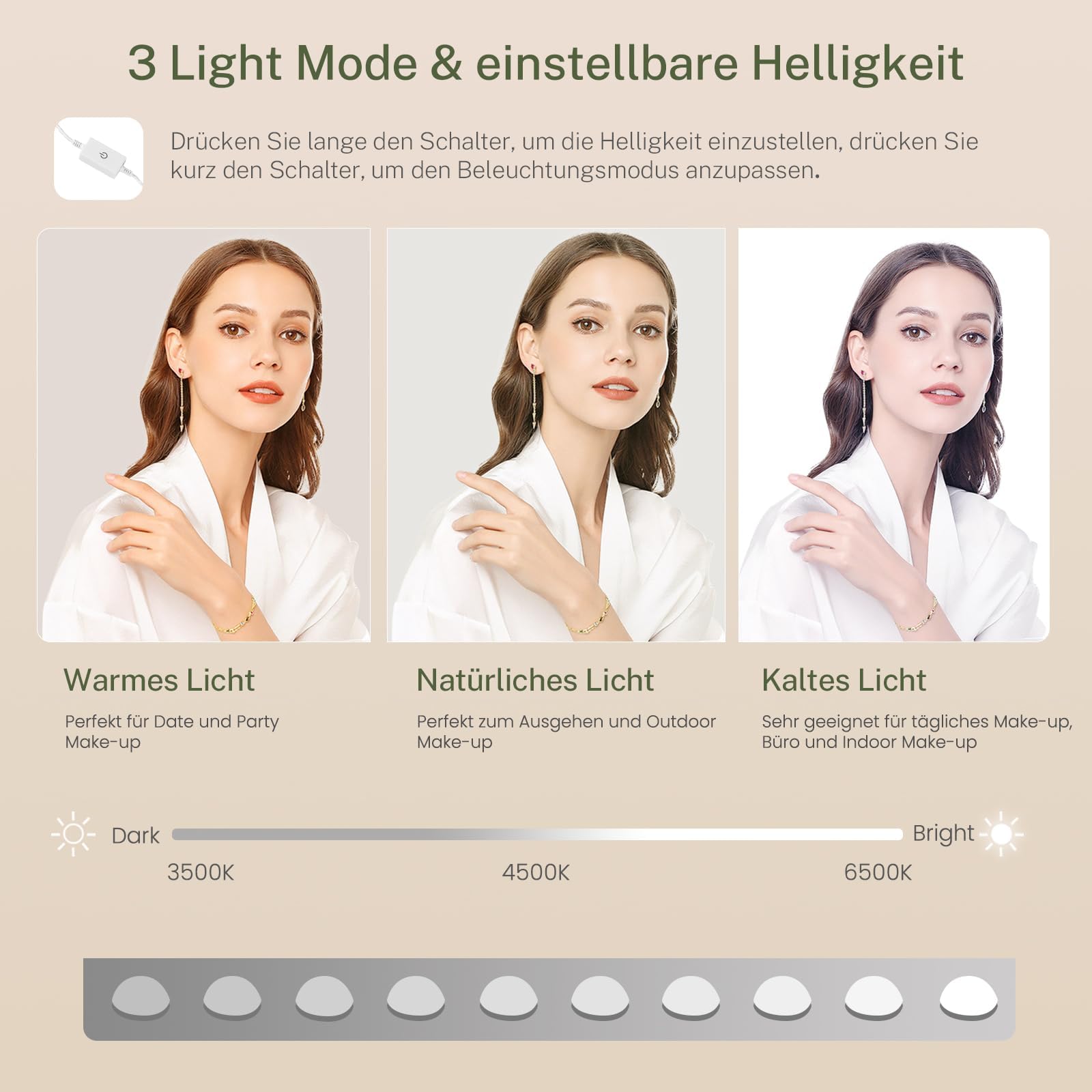 FIONESO Postazione Trucco con 10 Luci LED, 3 Colori Regolabili, 3 Specchietti Ripiegabili, Toeletta Trucco con 2 USB e 2 Prese, 3 Cassetti e 2 Armadi, Bianco