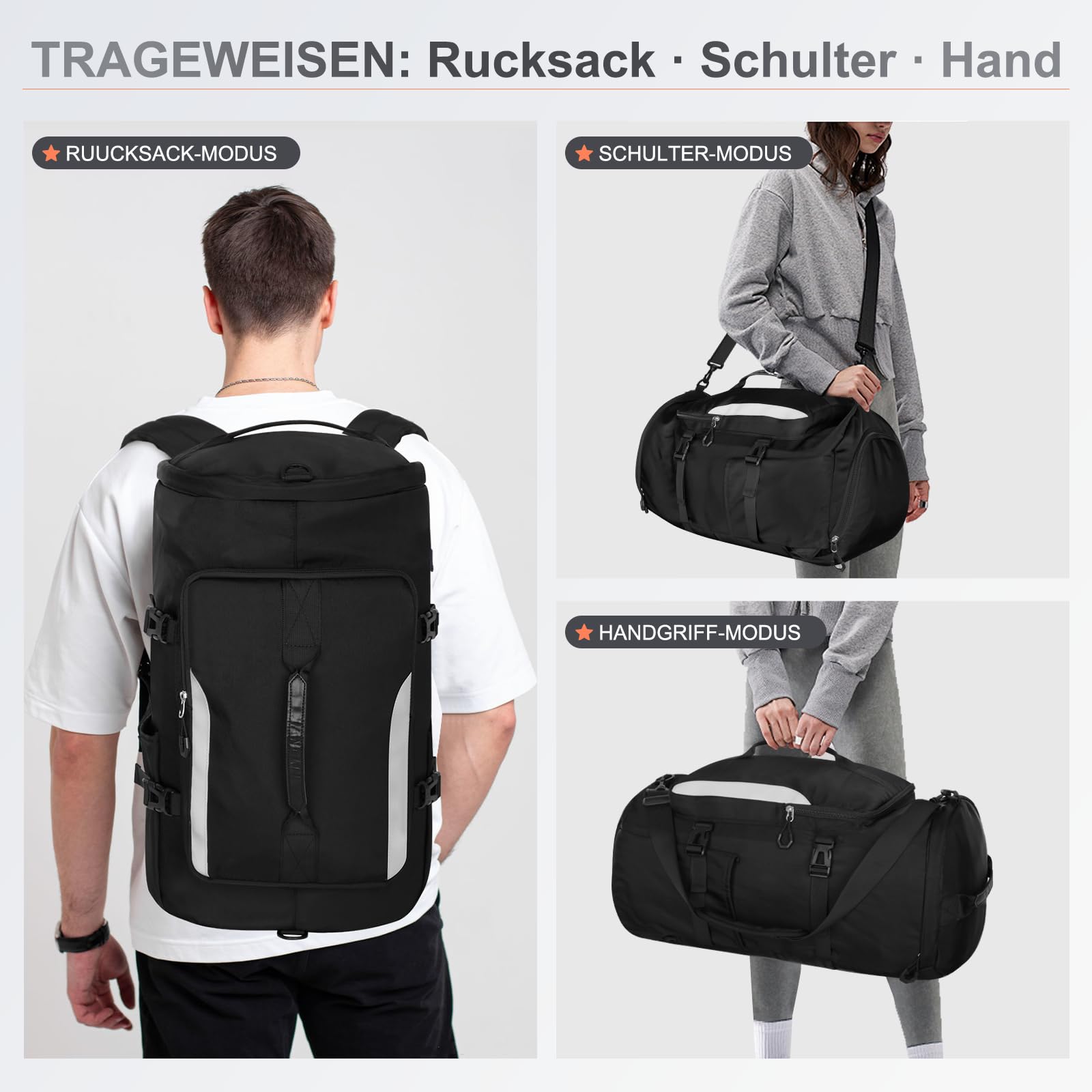 KYYLZ 45L Sporttasche Damen Herren, Groß Reisetasche mit Schuhfach und Nassfach Travel Duffle Bag mit Rucksack Weekender für Sporturlaub, Reisen, Fitnessstudio, Schwimmen, Schwarz - 5