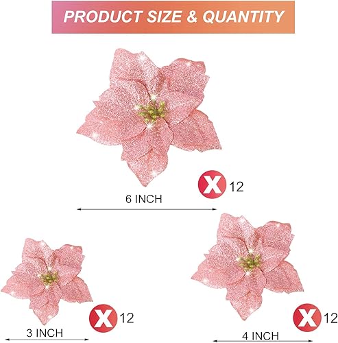 Miniatura 2 de WILLBOND 36 piezas de flores de Pascua de imitación con purpurina para decoración de boda, árbol de Navidad y Año Nuevo (oro rosa)