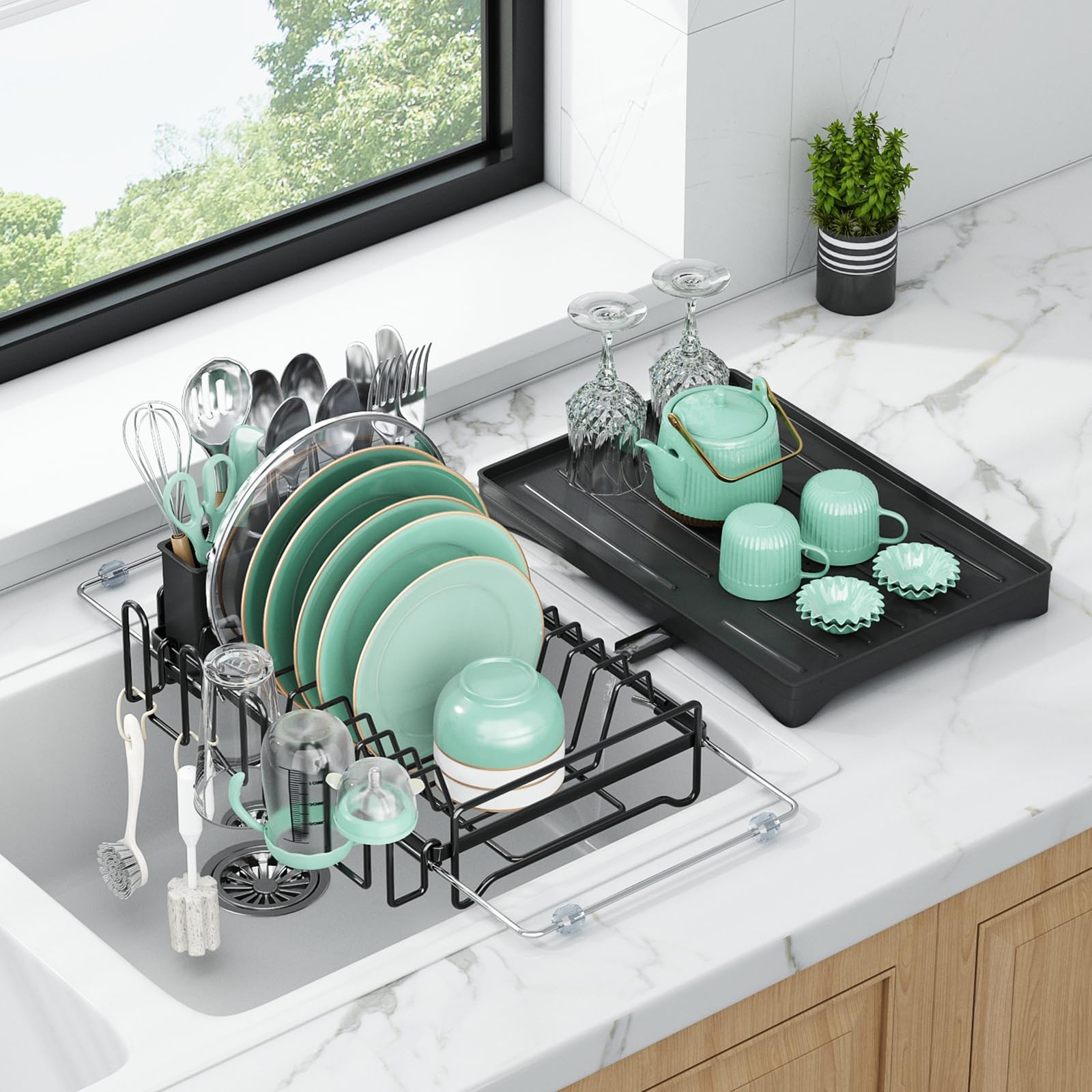 Aufworld Dish Drying Rack, Expandable Rustproof Sink Dish Rack with Drainboard, Over Sink Dish Drainer for Kitchen Counter with Utensil Holder & Cup Rack, Space Saving Dish Dryer Rack for Inside Sink — image 1
