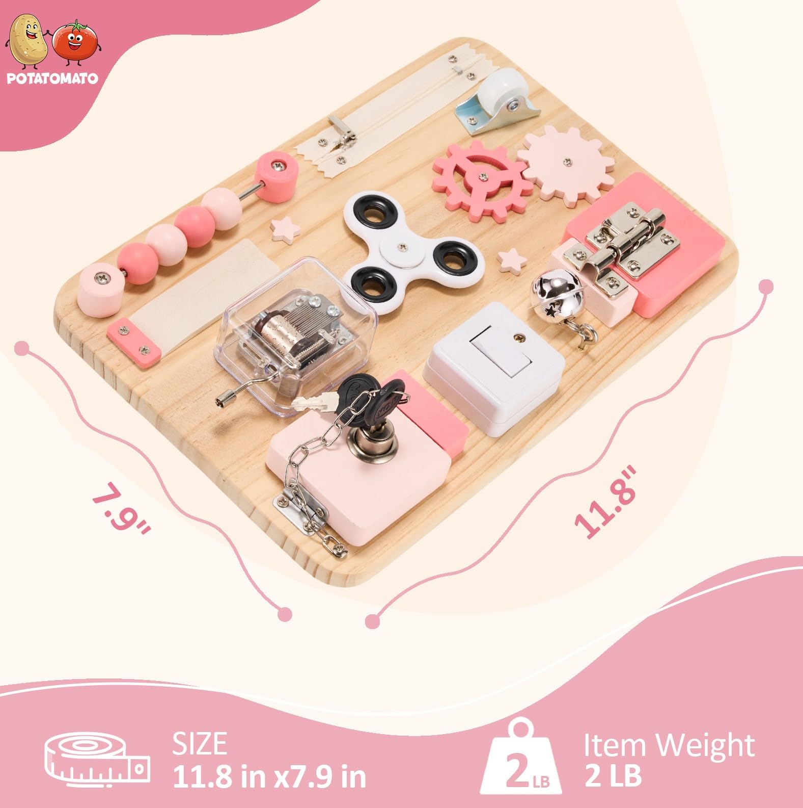 Potatomato Montessori Rosa Busy Board de Madera – Juguete sensorial y Educativo para niños – Actividades manuales, Juegos y Viaje – Regalo para niña o niño – Juguetes Montessori