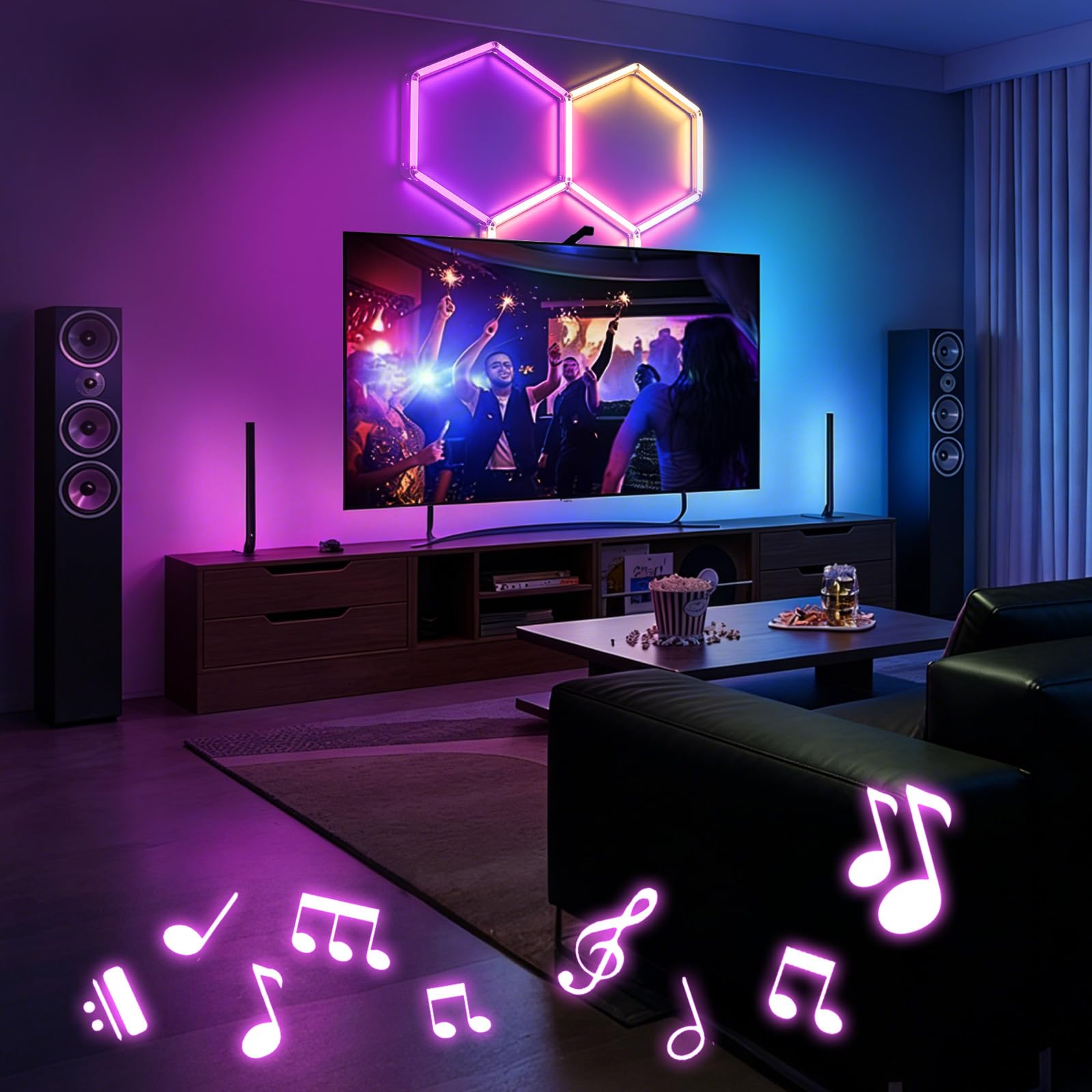 RGB LED Hexagon Deckenleuchte 3 Hex 144W dimmbare Garagenlampe | Musik-Synchronisationsmodus, App- & Fernbedienung Farbwechsel Wabenleuchte für Gaming-Zimmer Fitnessstudio Garage Bars Partei