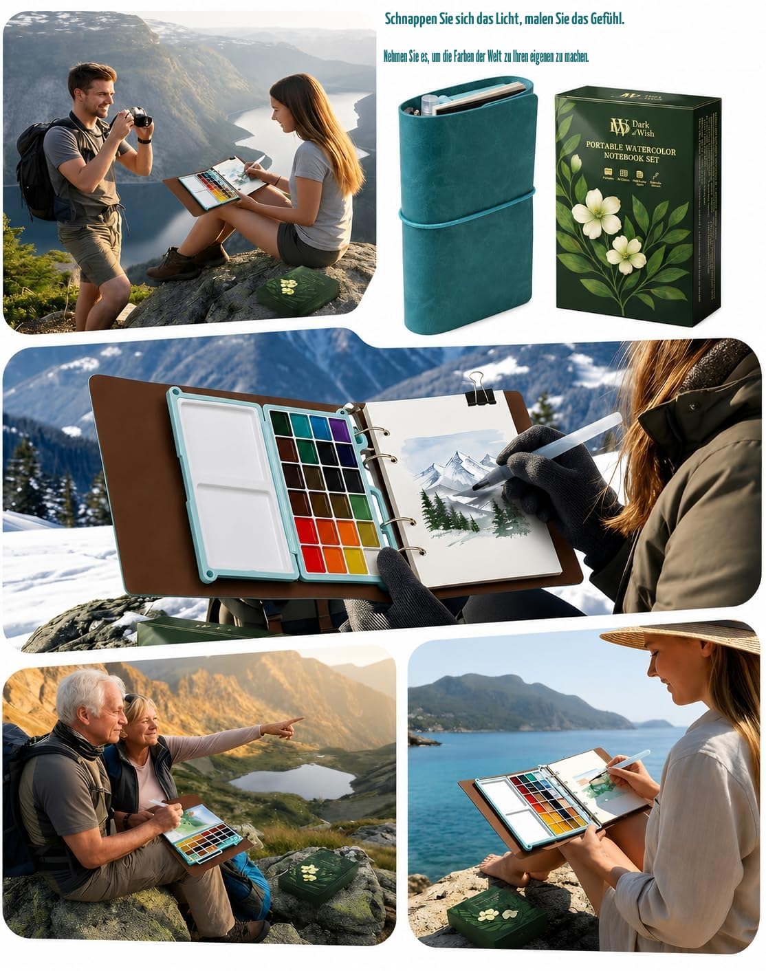 DarkWish Reiseaquarellkasten (Passgröße) - Profi Aquarell Set, 24 Farben (+ 6 Metallic) & 300g Papier (Schwarz/Weiß), PU-Leder Ringbuch für Urban Sketching, Plein Air & Künstler Geschenk