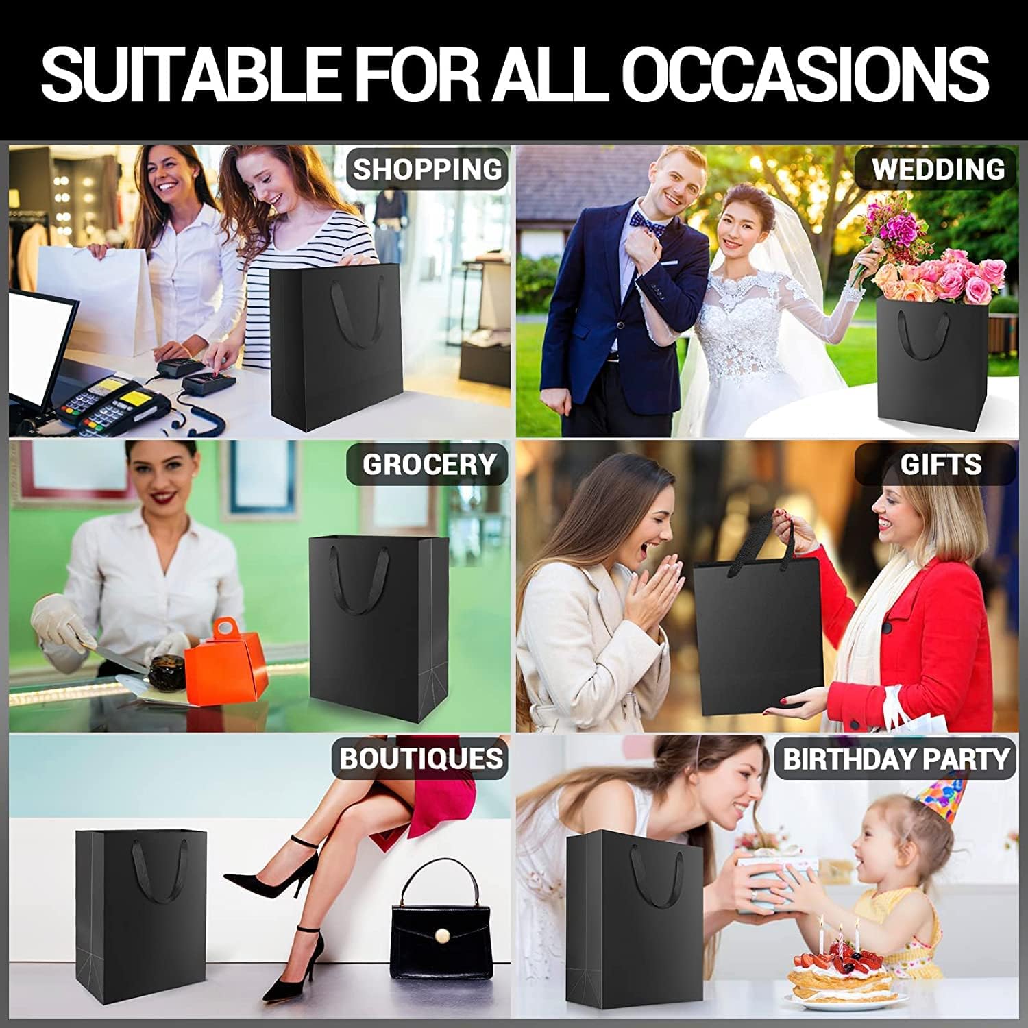 EUSOAR Kraft Paper Bags - 30pcs, 3 Sizes Gift Wrap Bags with Ribbon Handles, Recyclable, Wedding, Cosmetics Pouches - Black