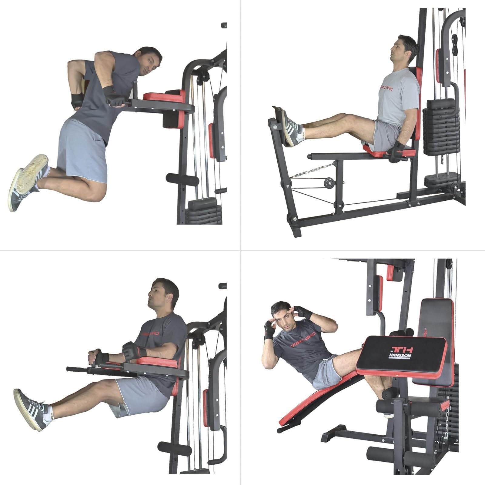 TrainHard® - Estación de entrenamiento para gimnasio en casa, incluye prensa de piernas, estación de inmersión, elevador de piernas y banco para sentadillas