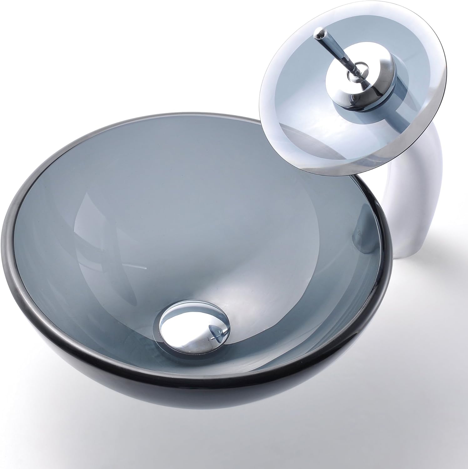 Kraus GV-104-14-SN 14-Inch Clear Black Glass Vessel Sink with PU-MR, Satin Nickel