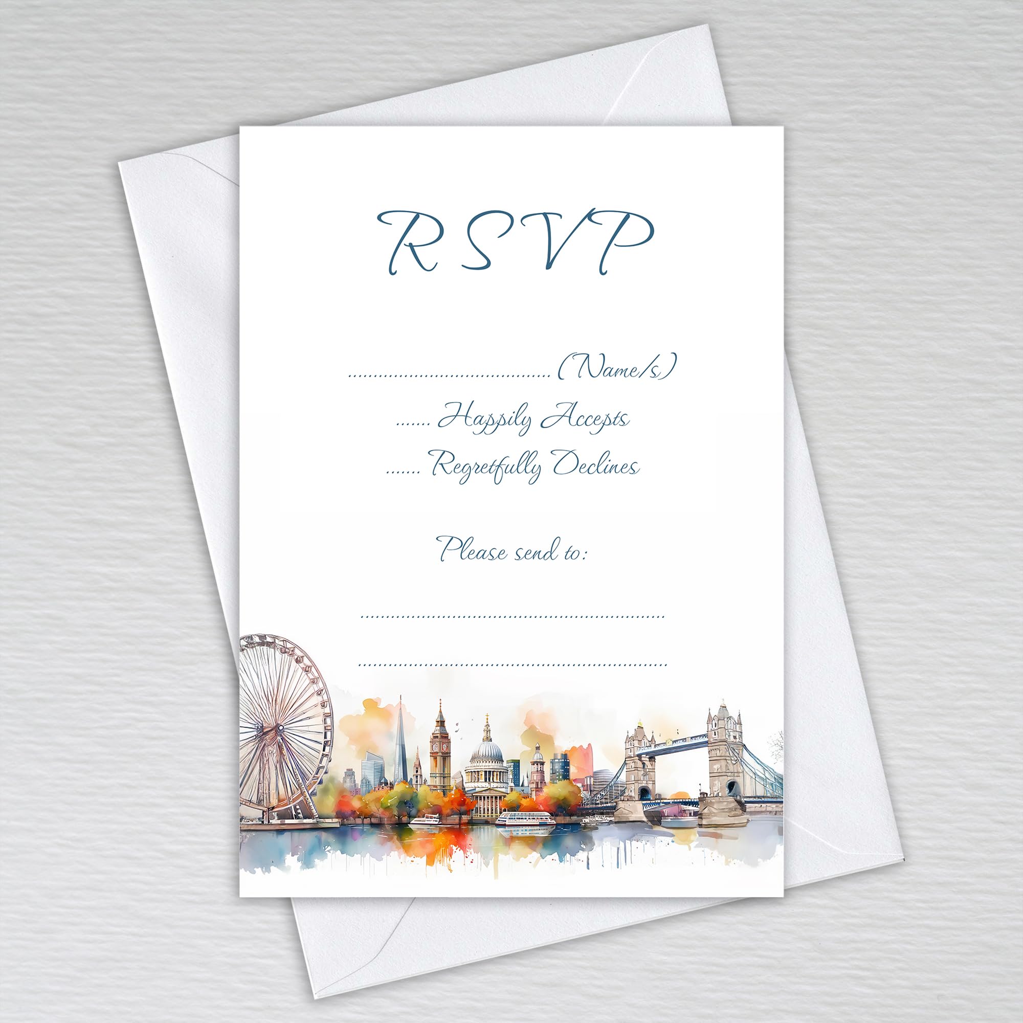 Webspectations London Themed RSVP Cards with Envelopes: Watercolour UK British English City of London Skyline Wedding RSVP Cards (Pack of 50 with Envelopes) โ image 1
