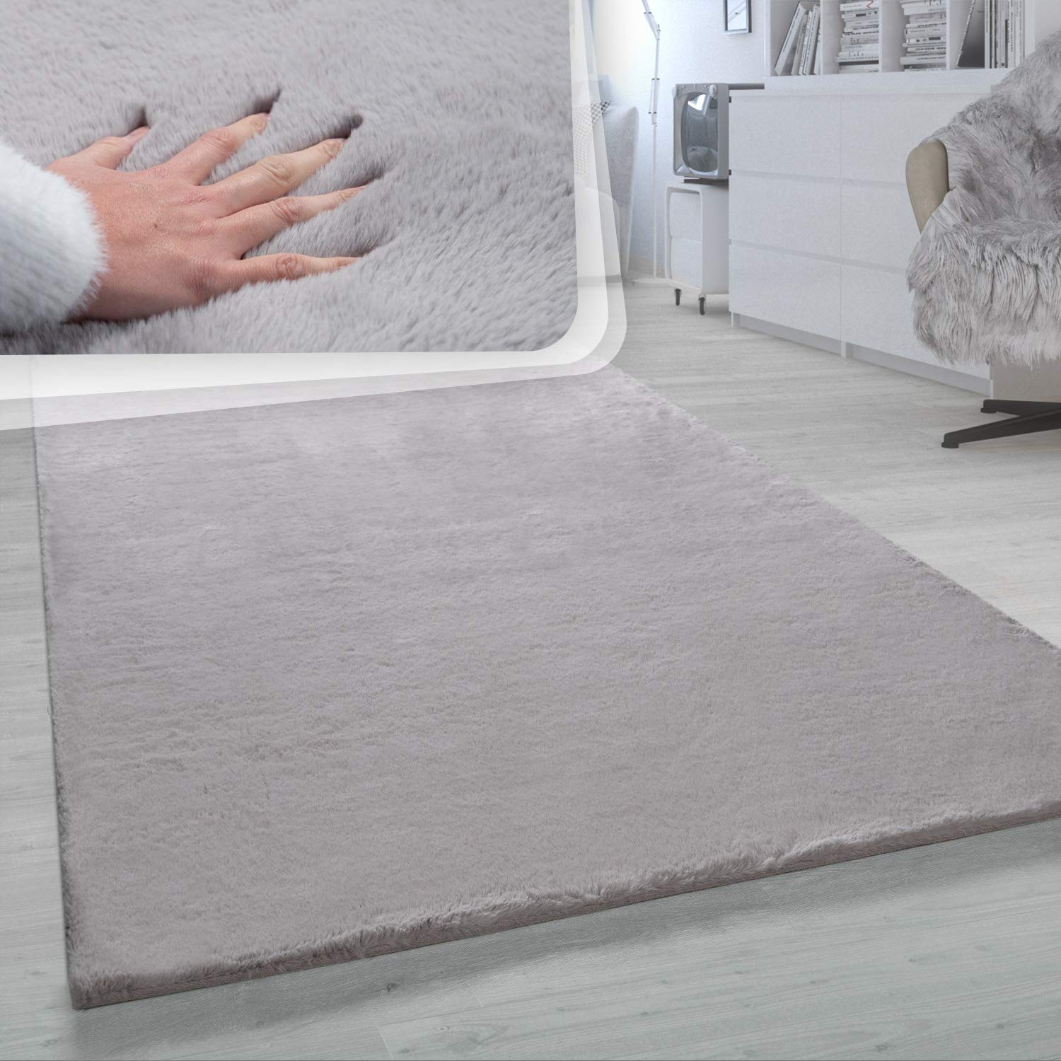 Paco Home Hochflor Teppich Für Wohnzimmer Softes Kaninchenfell Imitat Kunstfell In Grau, Grösse:80x150 cm