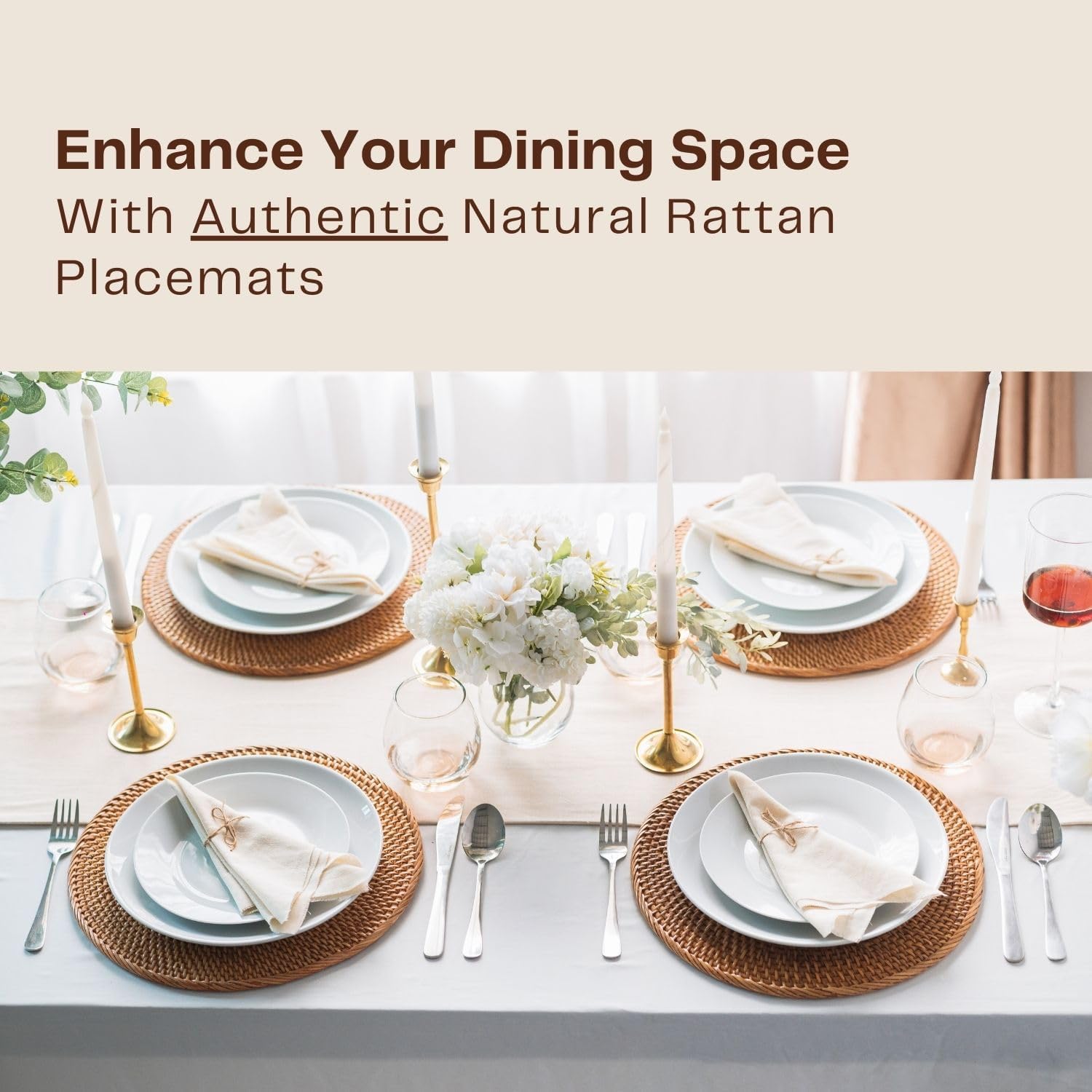 4-Pack Rattan Placemats - 13-inch Round Placemats (Stained Brown) - Woven Place Mats, Round Table Mats - Wicker Chargers for Dinner Plates, Plate Chargers Boho