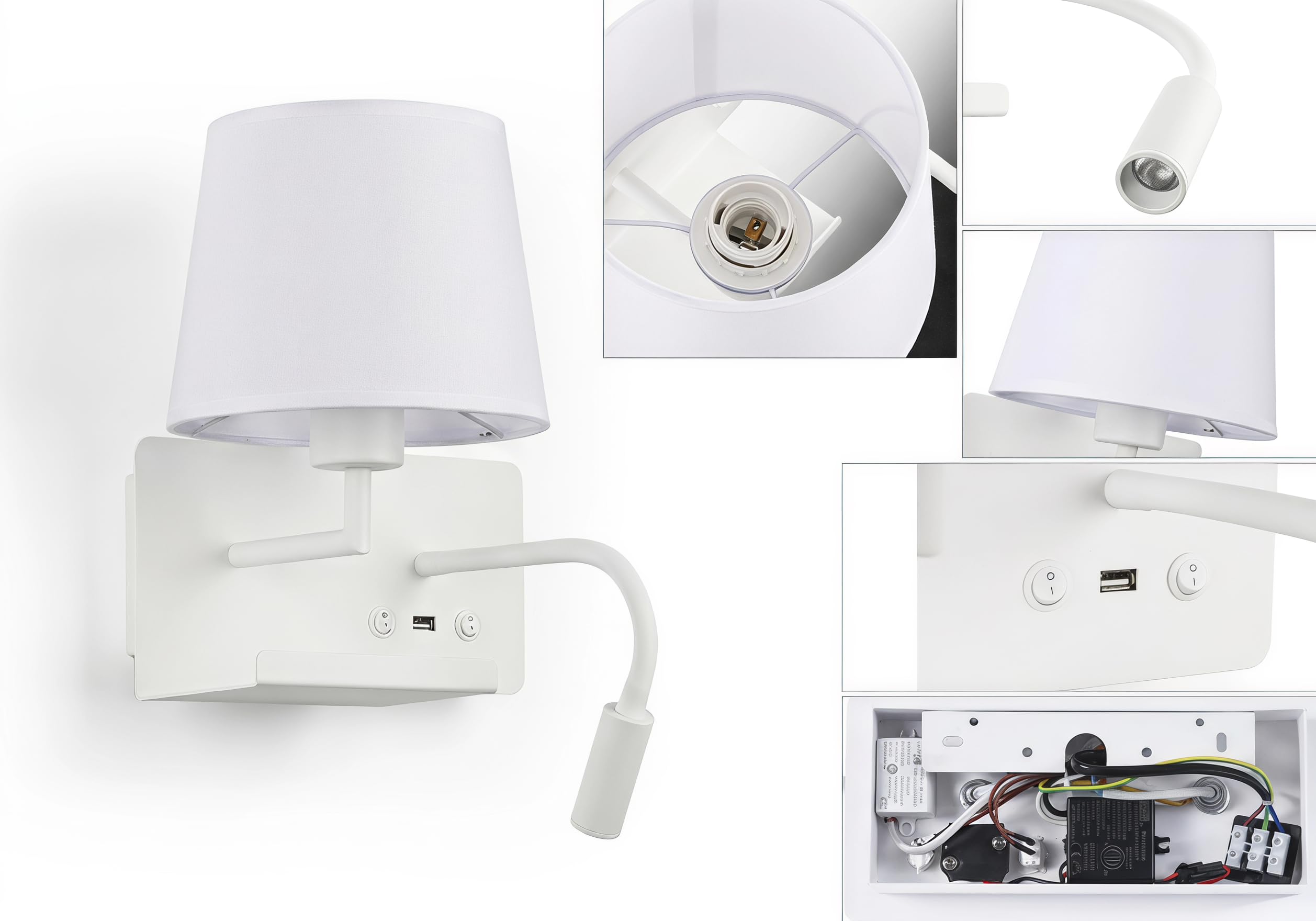 BARCELONA LED Wandleuchte mit USB-Anschluss und Ablage, Leselampe für Bettkopfteil mit E27-Fassung, schwenkbare LED-Leseleuchte 3W 2700K, Stoffschirm für Schlafzimmer, Hotelzimmer, Weiß