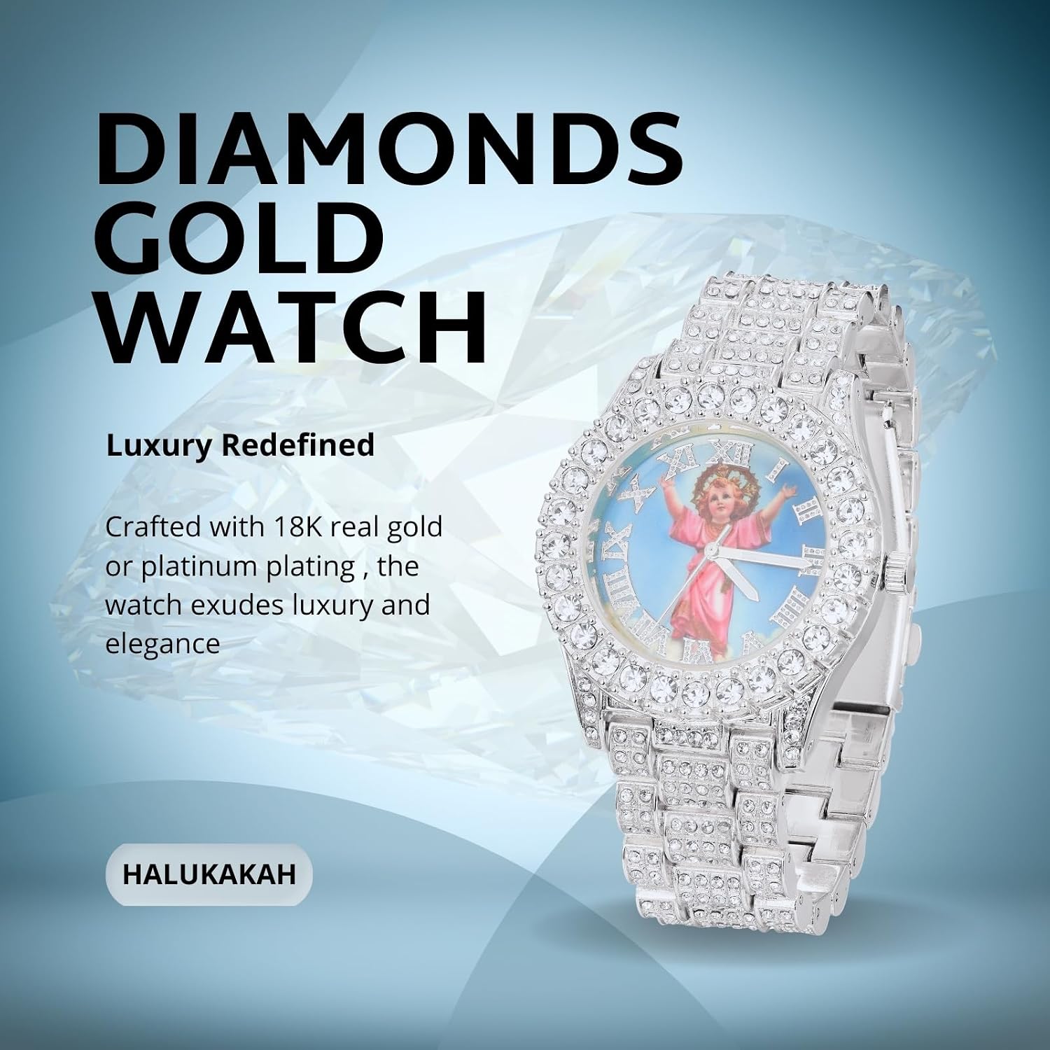Halukakah Moissanite Diamond Watch for Boy Teens - BLESS - 18k Real Gold/Platinum White Gold Plated,Roman Numerals Round Dial Colorful Angel,3-Sides Iced Out,Heavy-Made,8" Wristband - Giftbox Included