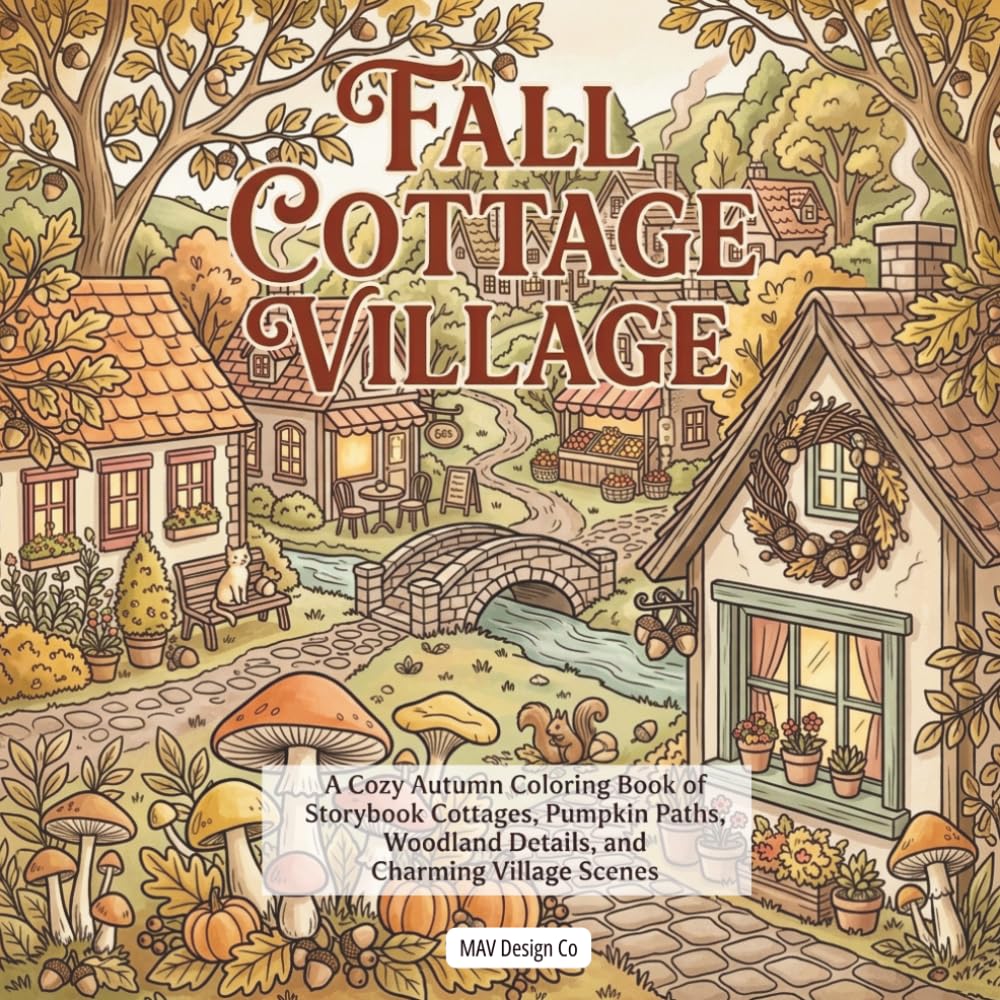 Fall Cottage Village: A Cozy Autumn Coloring Book of Stroybook Cottages, Pumpkin Paths, Woodland Details, and Charming Village Scenes
