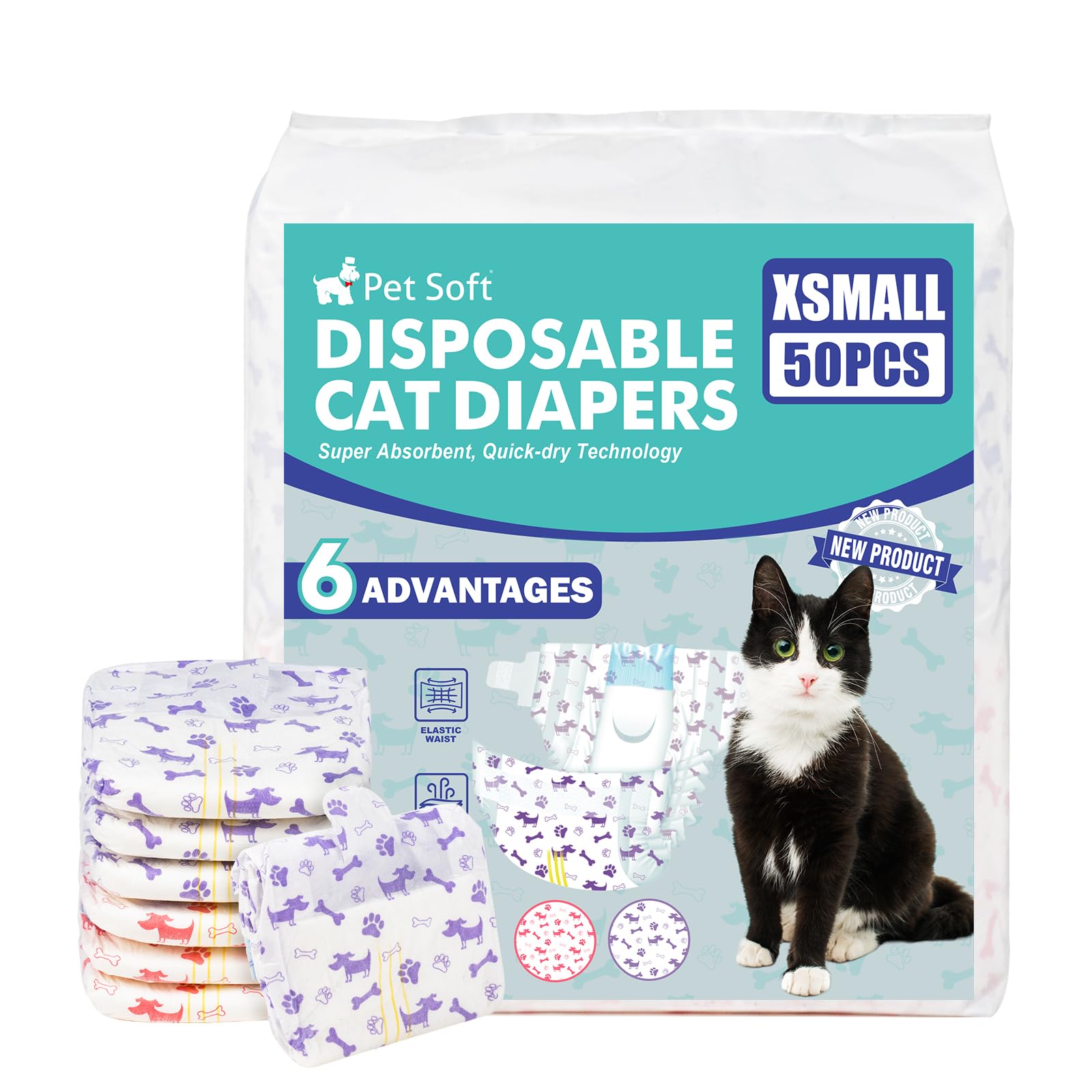 Pet Soft Disposable Cat Diapers - Puppy Diapers for Female & Male Cats with Wetness Indicator, Super Absorbent, Fit for Pet in Heat or Incontinence,