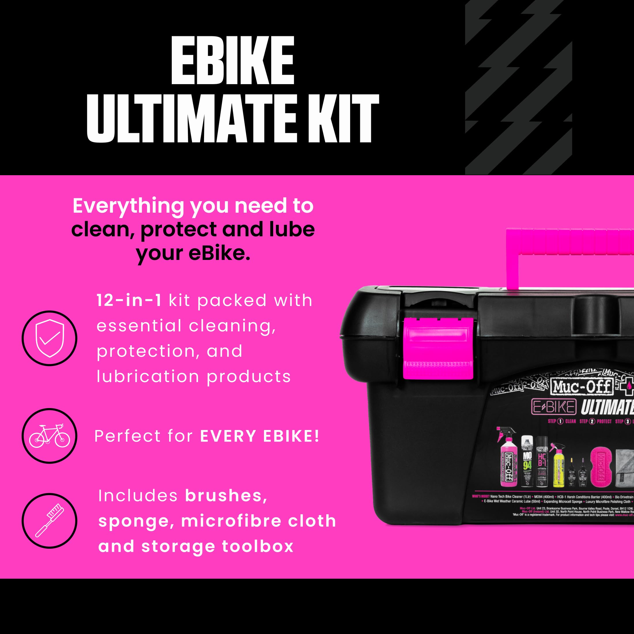 Muc-Off eBike Kit di Pulizia Ultimo - Kit Indispensabile per Pulire, Proteggere e Lubrificare la Tua e-Bike - Include Detergente per Bici, Detergente per Trasmissione, Spazzole e Altro