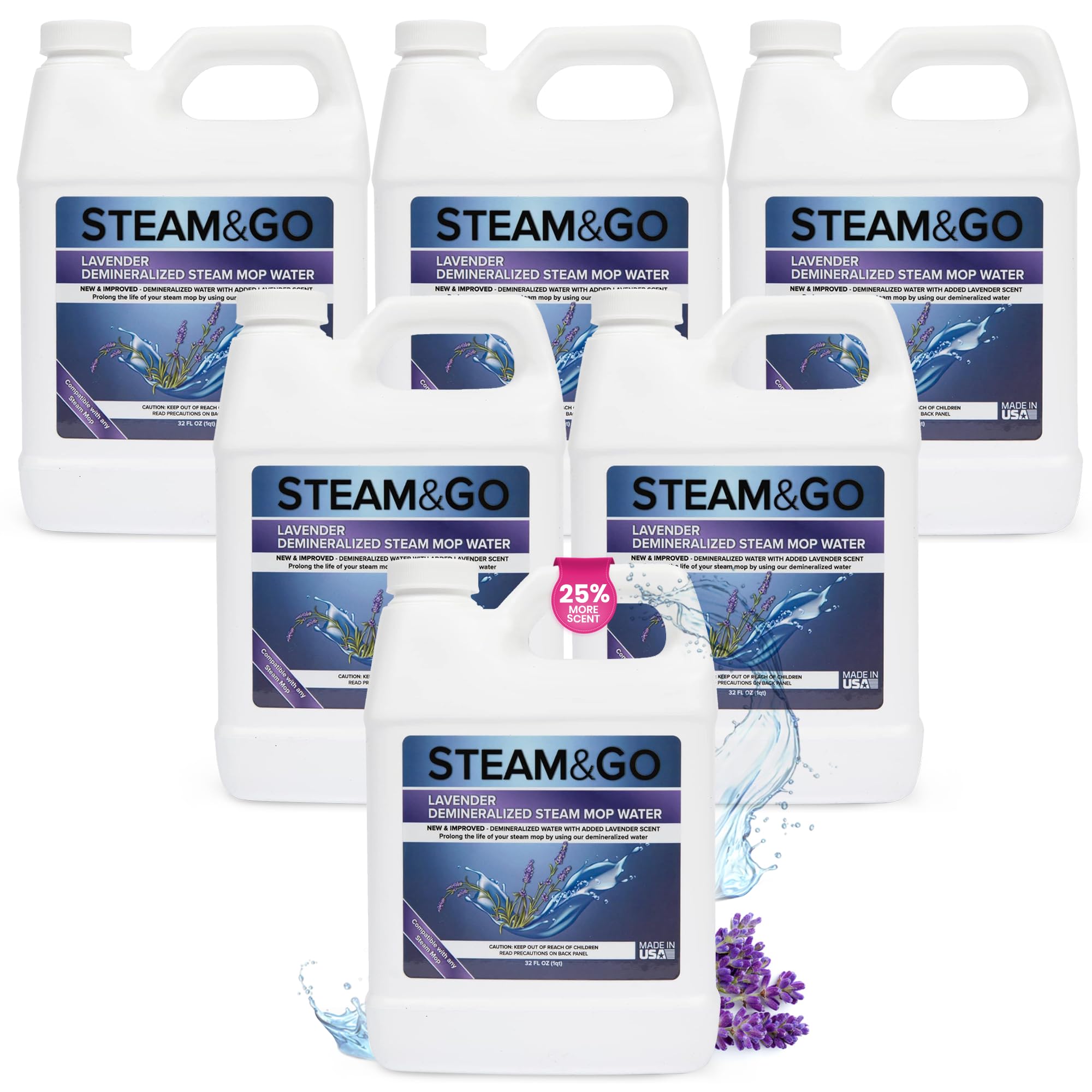 Steam & Go Demineralized Water for Steam Cleaner - PVC-Free Floor Cleaning Solution Compatible for All Steam Mops - Multi-Surface Cleaner for Home Surfaces - Lavender Scent, 32 oz (Pack of 6)