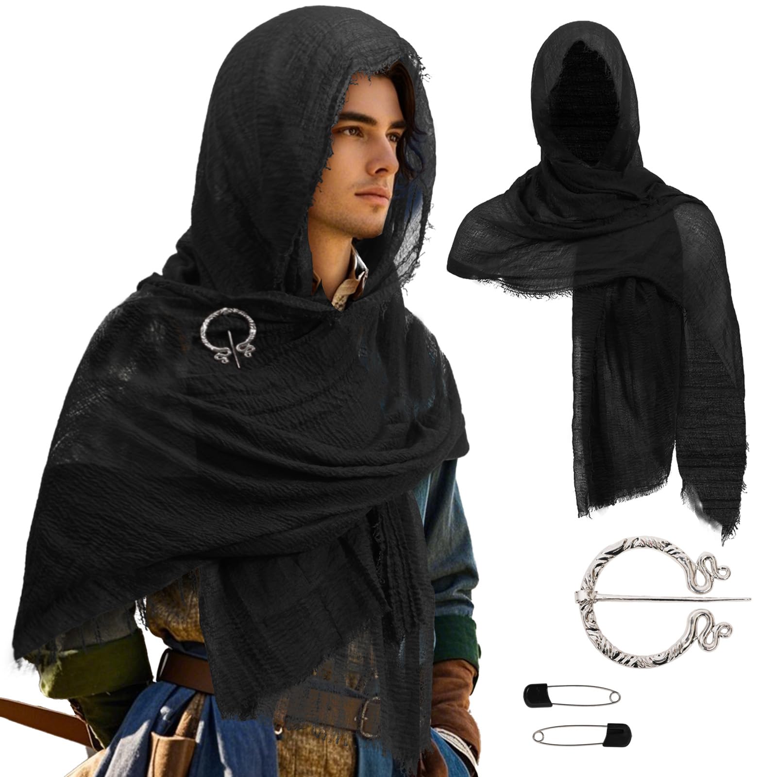 Jeyytyy Medieval Scarf Cowl Men Renaissance Hooded Shawl Cloak Viking Cowl