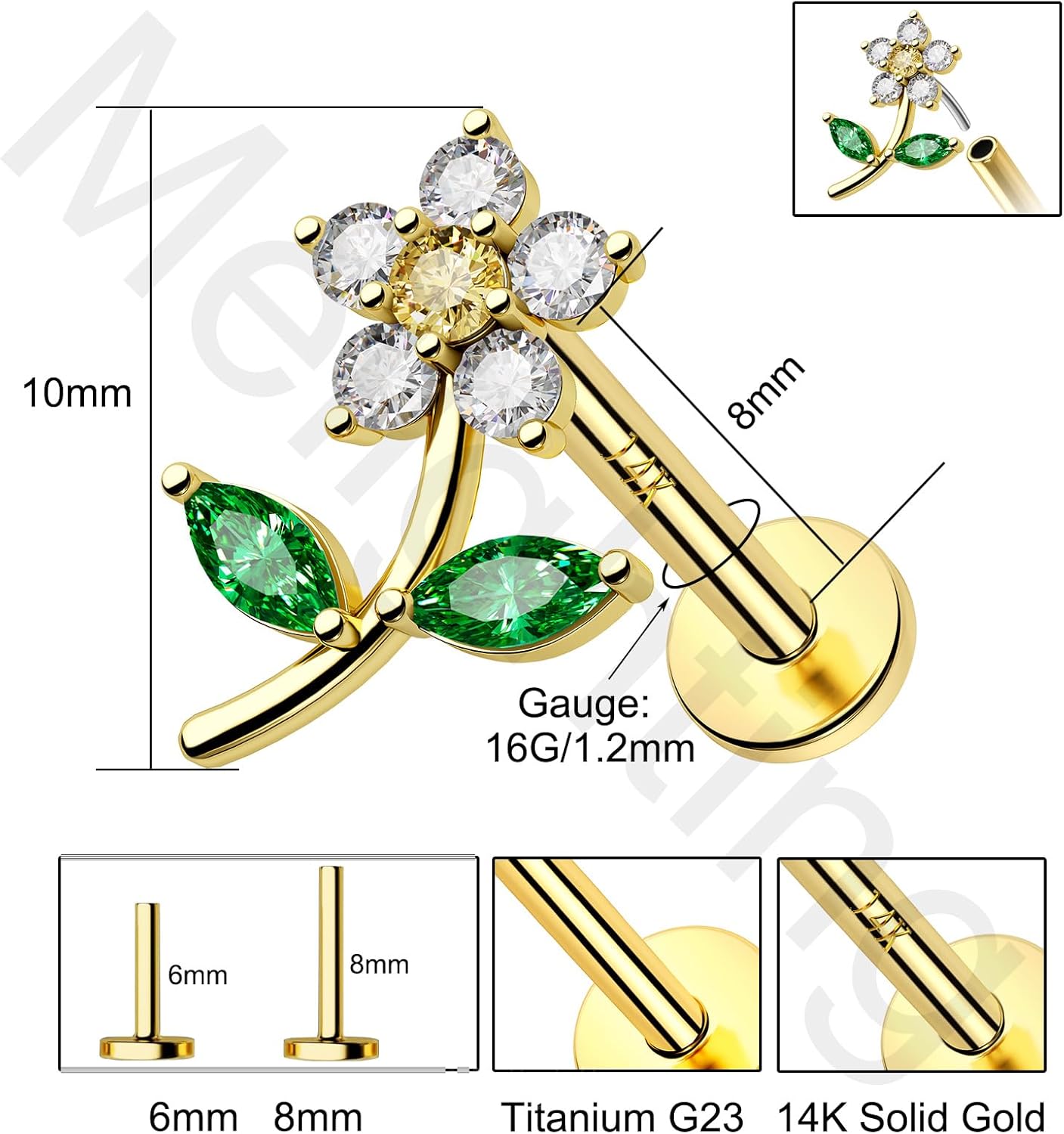 Melighting 14K Solid Gold Threadless Earring Gold Flower Flat Back Earring Titanium Threadless Push in Earring for Women 16G Solid Gold Tragus Piercing Jewelry Gold Helix Earring Cartilage Earring for Women - Image 4