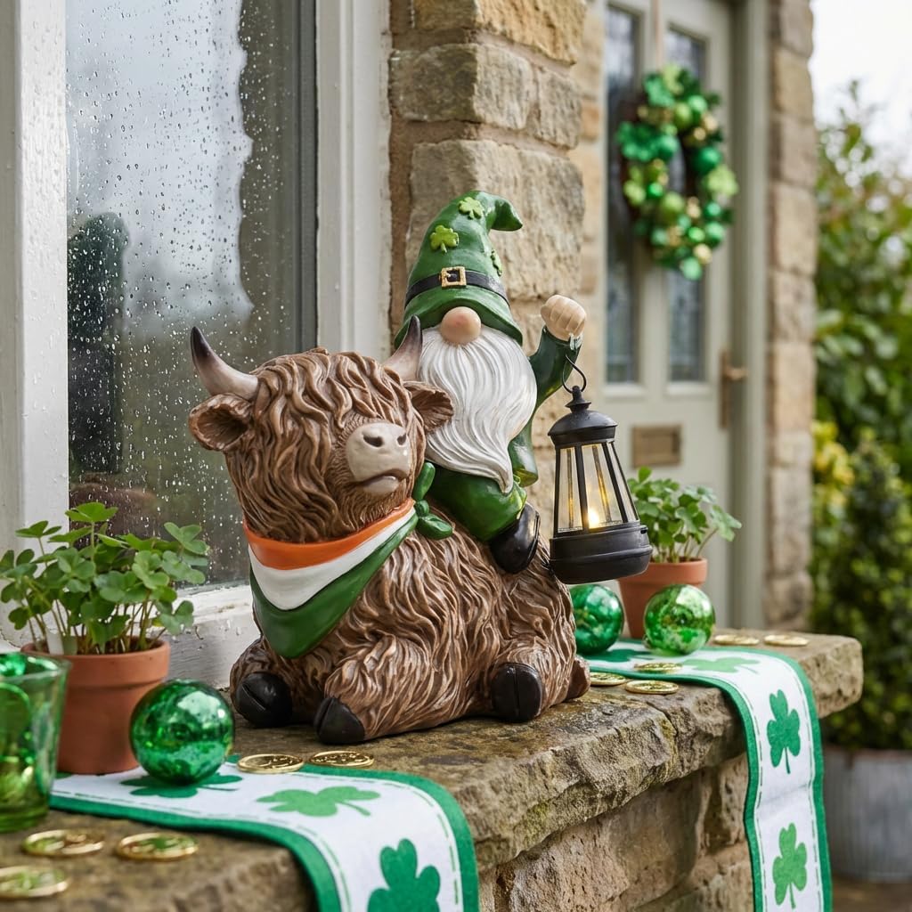 TERESA'S COLLECTIONS St Patricks Decorations for Outdoor Decor,Gnomes Resin Riding Highland Cow and Holding Lantern with Solar Lights for Outside,Shamrock Leprechaun Figurine, Irish Gifts,8.7" - Image 6