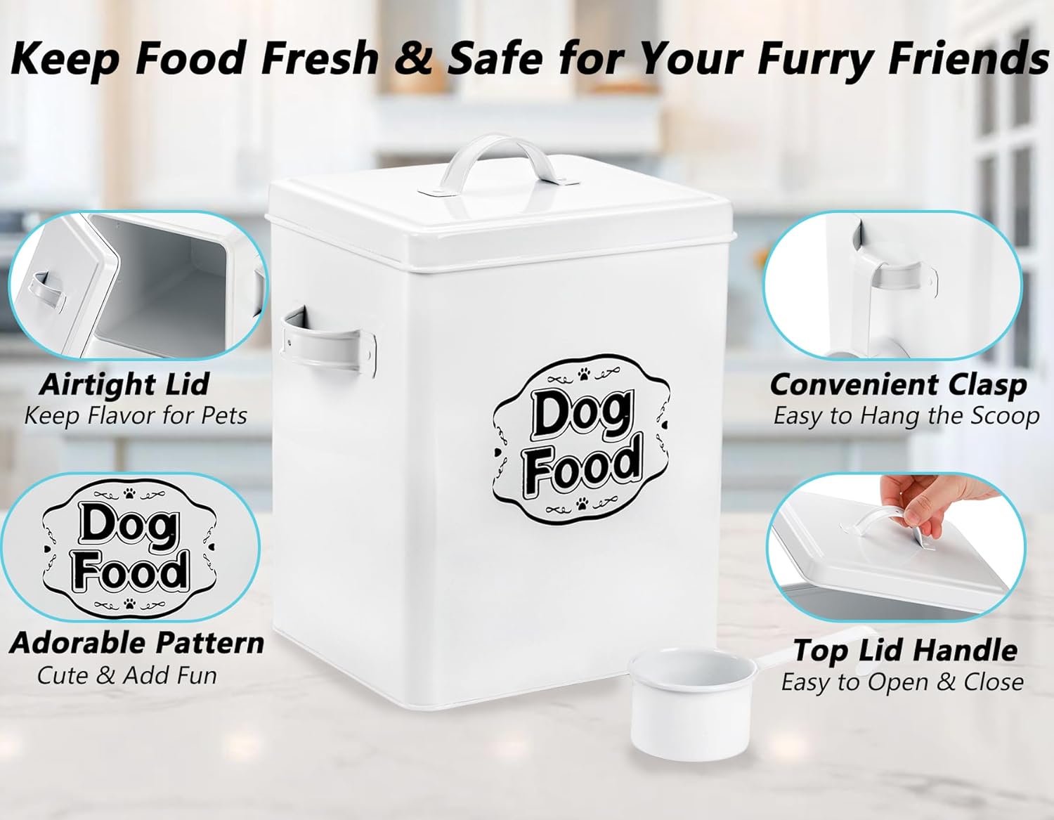Youeon 5-7 Lbs(25 Cup) Metal Dog Food Storage Container with Lid and Scoop, Airtight Dog Treat Container, Farmhouse Pet Food Storage Container, Cute Dog Food Canister, Gift for Dogs and Owners, White
