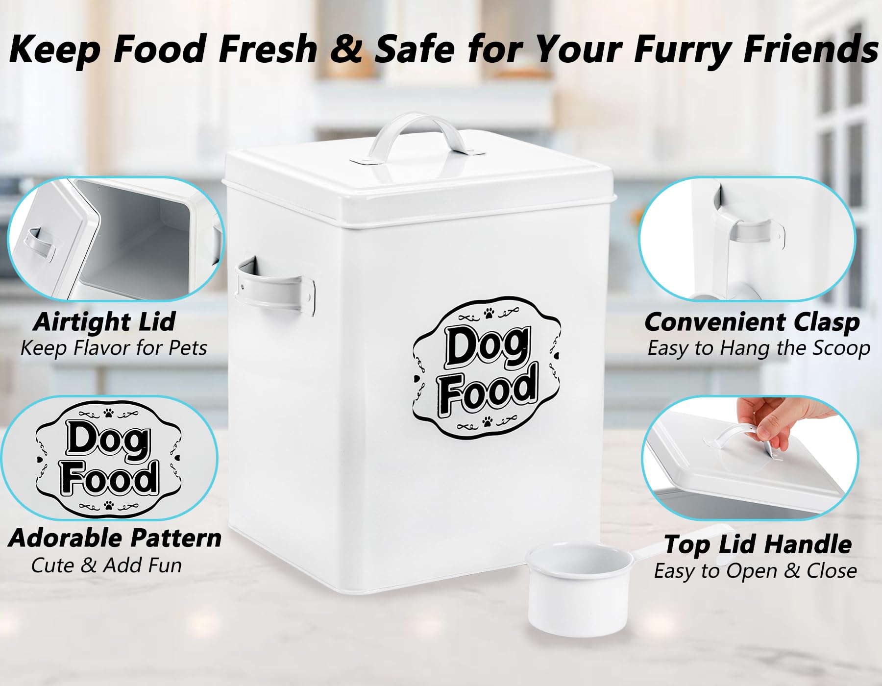 Youeon Contenedor de almacenamiento de alimentos para perros de 5 libras con tapa y cuchara, recipiente hermético para golosinas para perros, contenedor de almacenamiento de alimentos para mascotas de