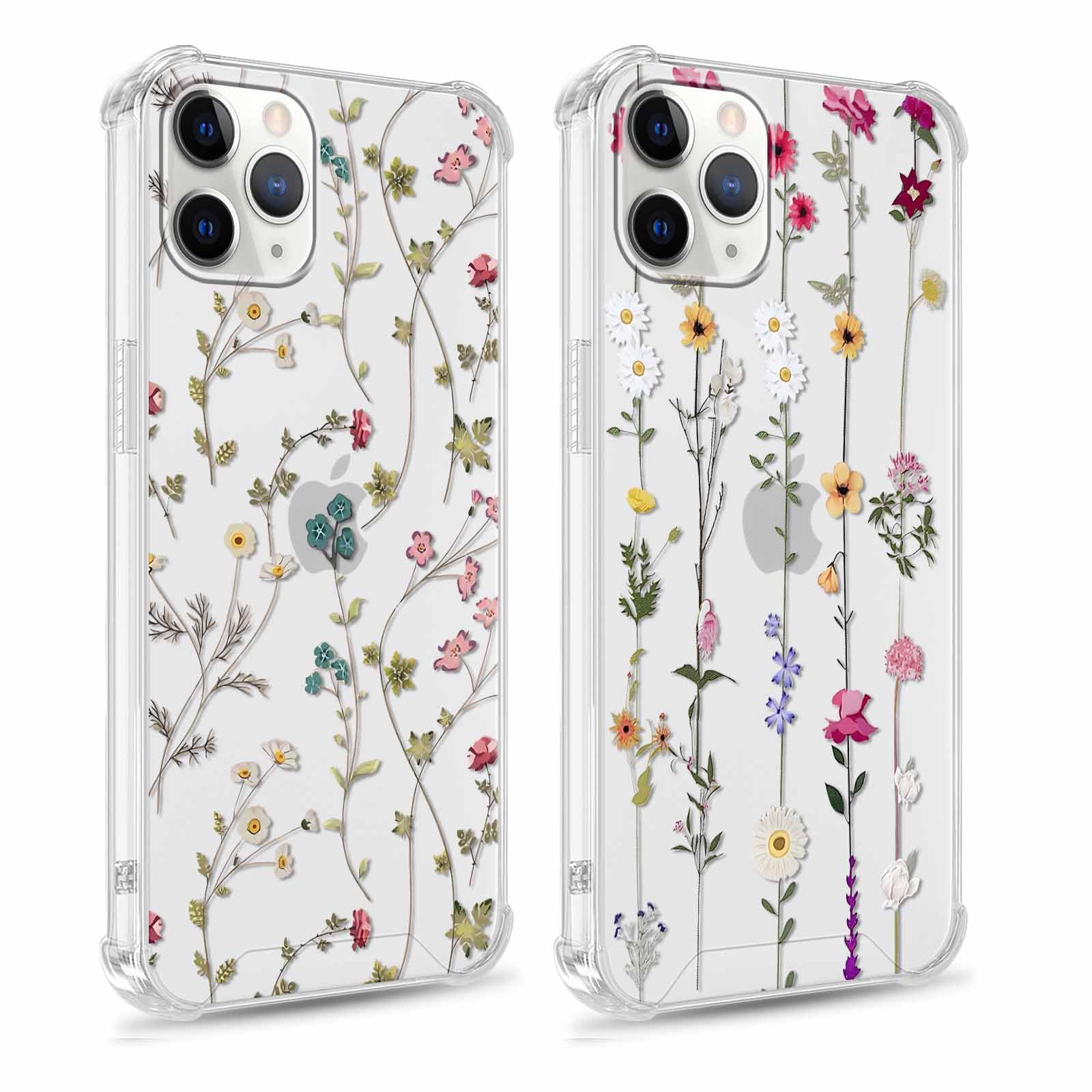 Zrutru 2 Pack Flower Phone Case For IPhone 12 Pro 6.1",Cute Floral Print Cases Unique Plant Design Pattern For Women Girls Teens,Soft TPU Shockproof Protective Cover For IPhone 12 Pro,Beige Black