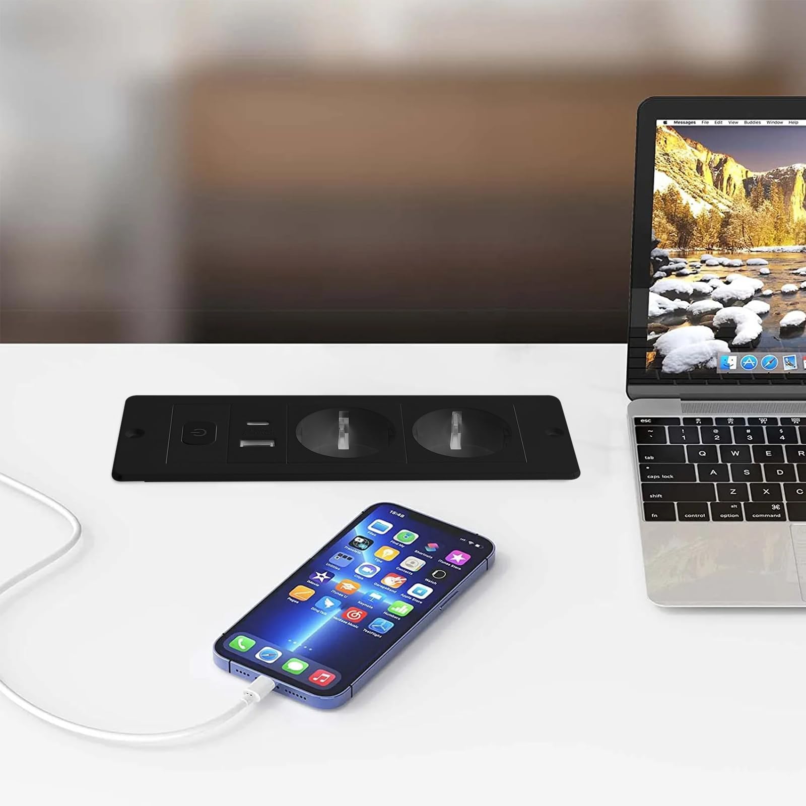 Versenkte Steckdose, Tischplatte Versenkte Steckdose mit 2 USB, Einbau Steckdosenleiste mit 1.8m Kabel, Tischsteckdose mit USB Einbausteckdose (Black)
