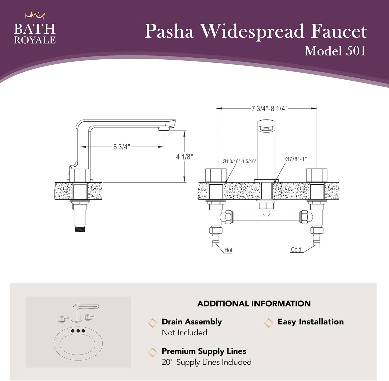Bath Royale Classic 8" Pasha Lav Widespread Bathroom Sink Faucet with Brass Spout and Drain, Brushed Nickel