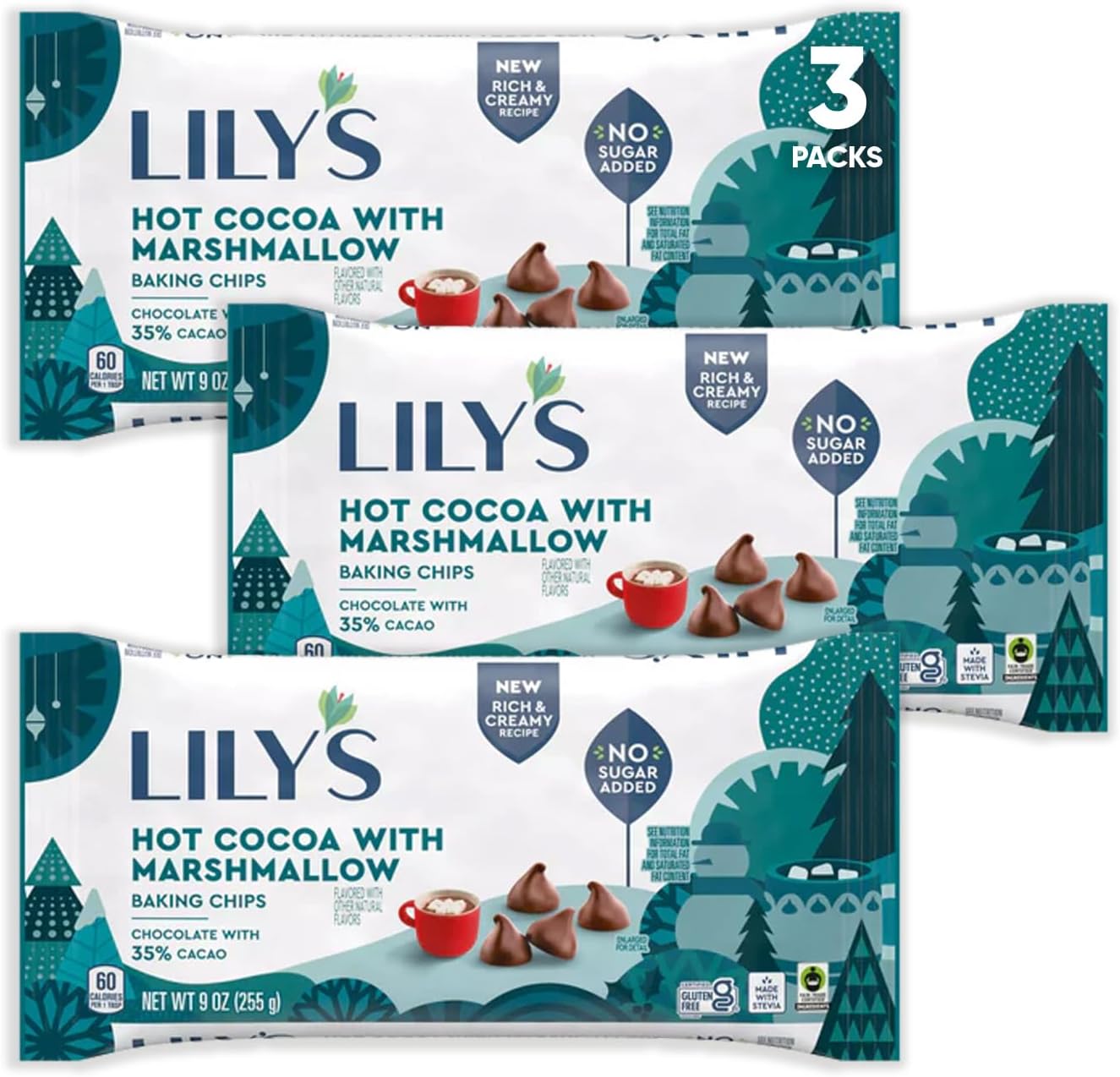 Lilys Hot Cocoa with Marshmallow Flavor Baking Chips 3 packs - No Sugar, Low Carb, Rich & Creamy 35% Cacao, Stevia Hot Chocolate Baked Chips for Baking
