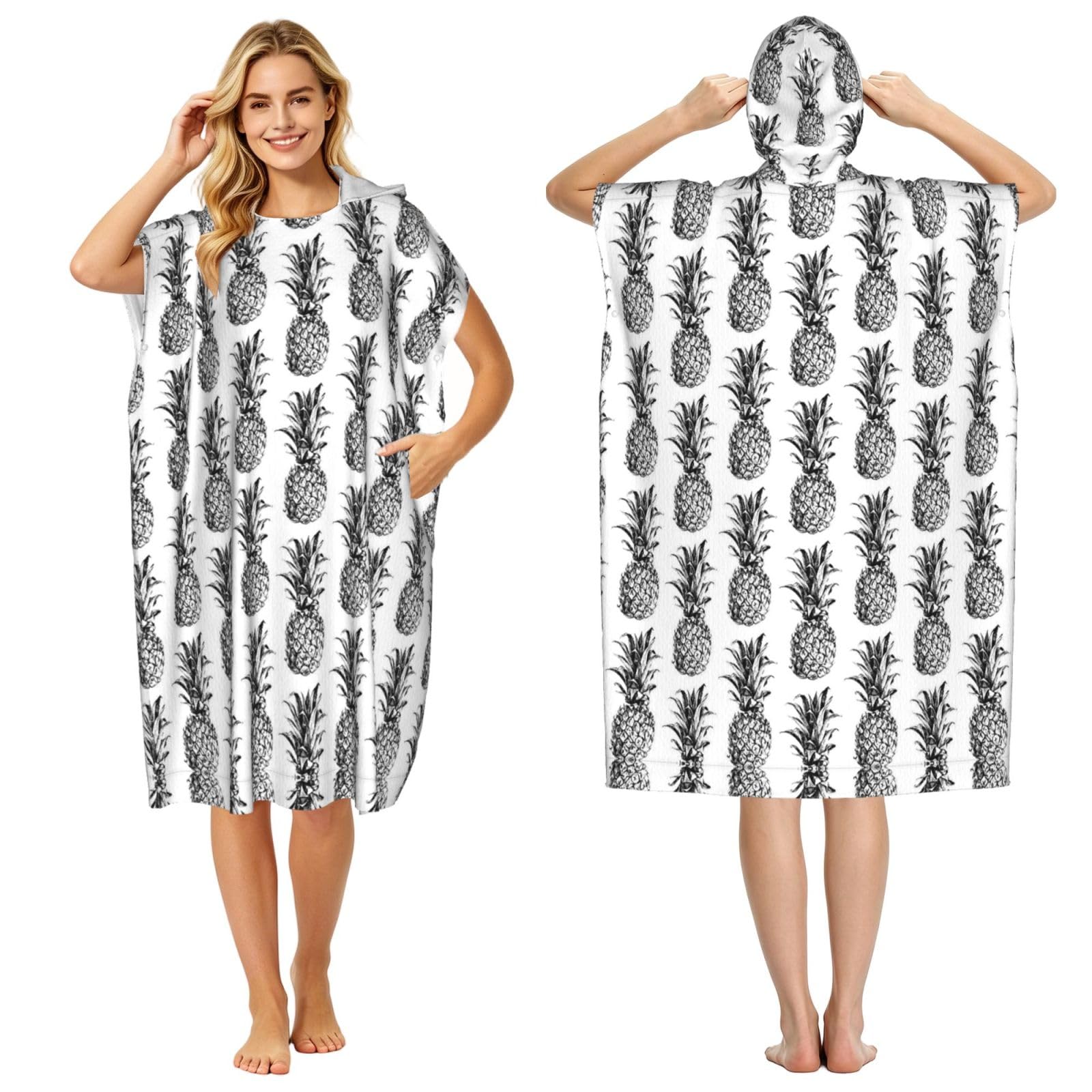 EZDLOWVBA Tropical Theme Pineapple Fruit Pattern Print Hooded Poncho Microfiber Beach Towel,Adult Women & Men Changing Robe,Lightweight Summer Surf Swim Bath Poncho Towel