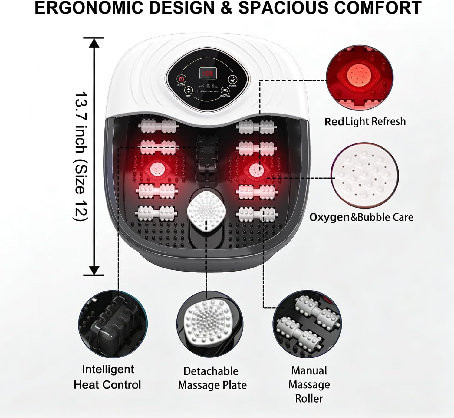 Foot Spa Bath Massager with Heat, Red Light & Oxygen Bubbles, Shiatsu Rollers Epsom Salt Temperature Control, Relieves Stress and Feet Pain - Home Pedicure Soaking Tub Gift for Women/Men