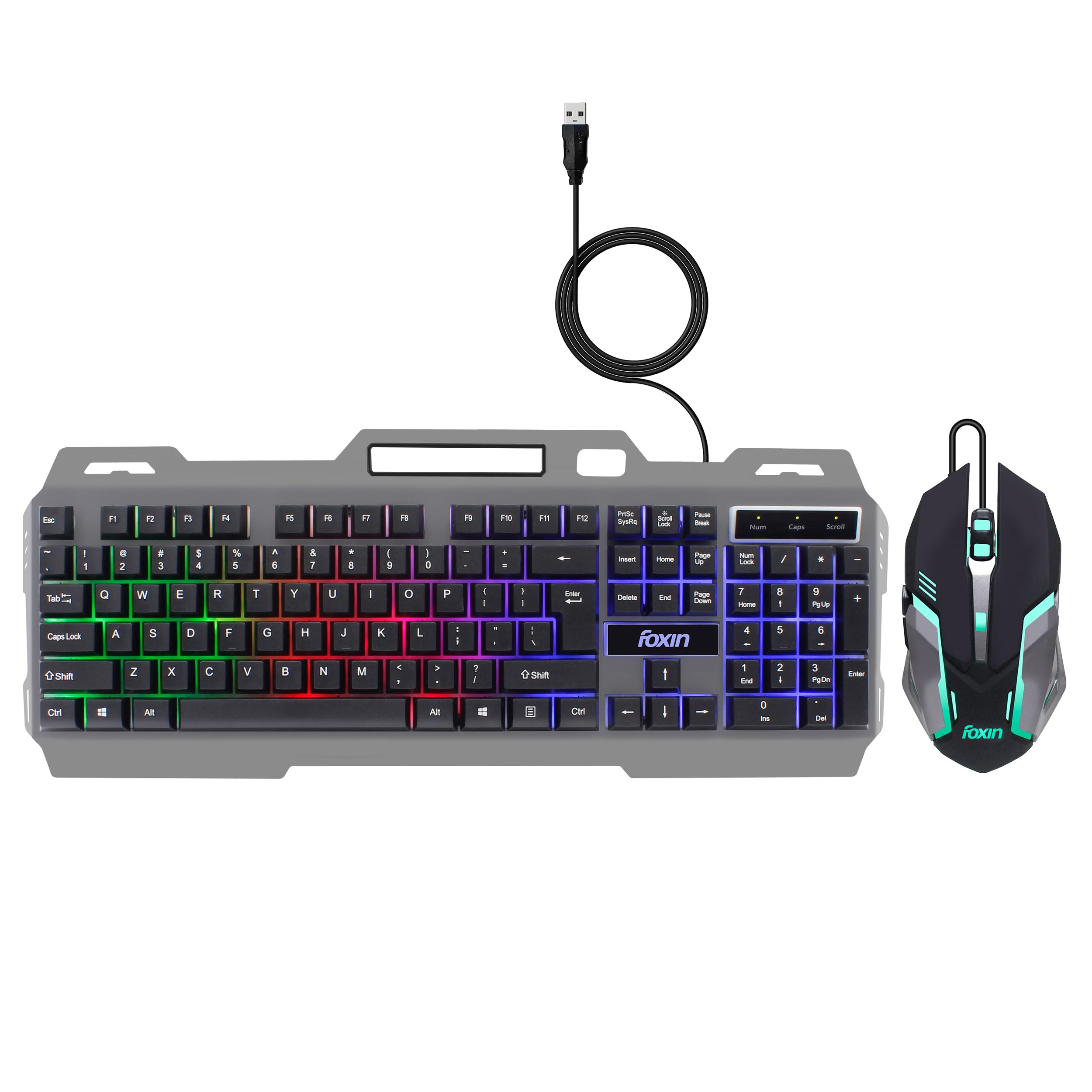 FOXIN Thunder Gaming Keyboard and Mouse Combo | Rainbow Backlit Membrane Keyboard (104 Keys) with Phone Holder | 3600 DPI | 6 Button Mouse | Metal Body | Wired Gaming Combo for PC & Laptop Product Image 1